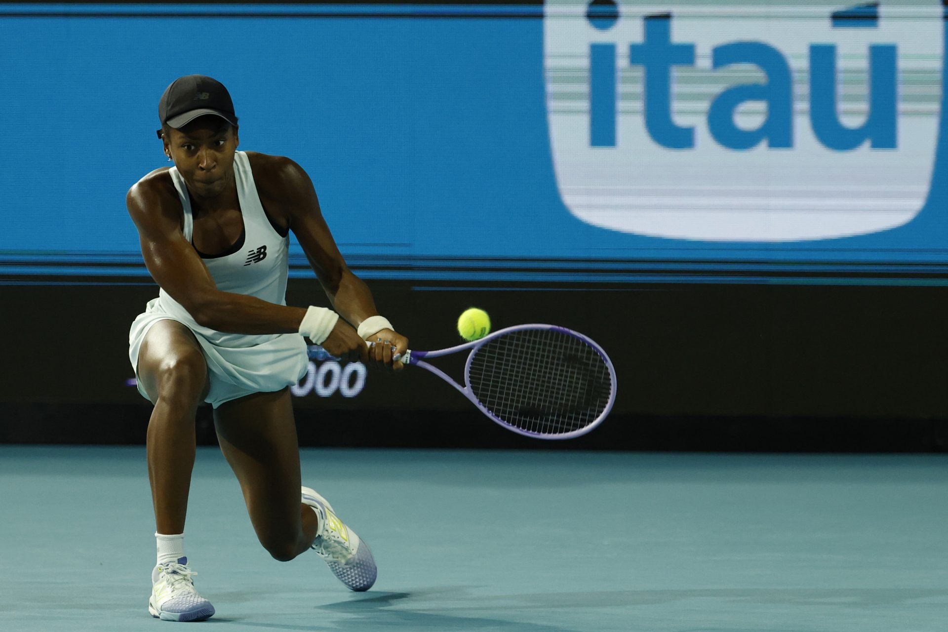 Coco Gauff (USA) hits a backhand against Belinda Bencic (SUI) (not pictured) on day eight of the 2026 Miami Open at Hard Rock Stadium.