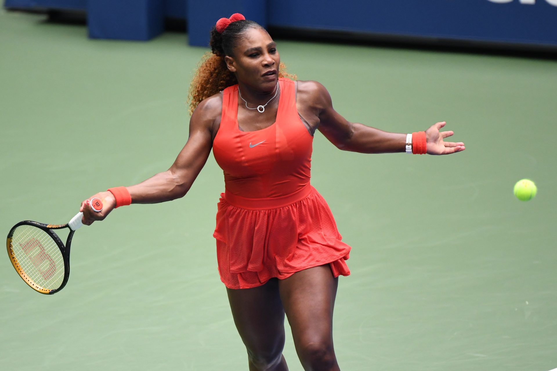 Sep 9 2020; Flushing Meadows, New York,USA;  Serena Williams of the United States hits a forehand against Tsvetana Pironkova of Bulgaria (not pictured) in a women's singles quarter-finals match on day nine of the 2020 U.S. Open tennis tournament at USTA Billie Jean King National Tennis Center.