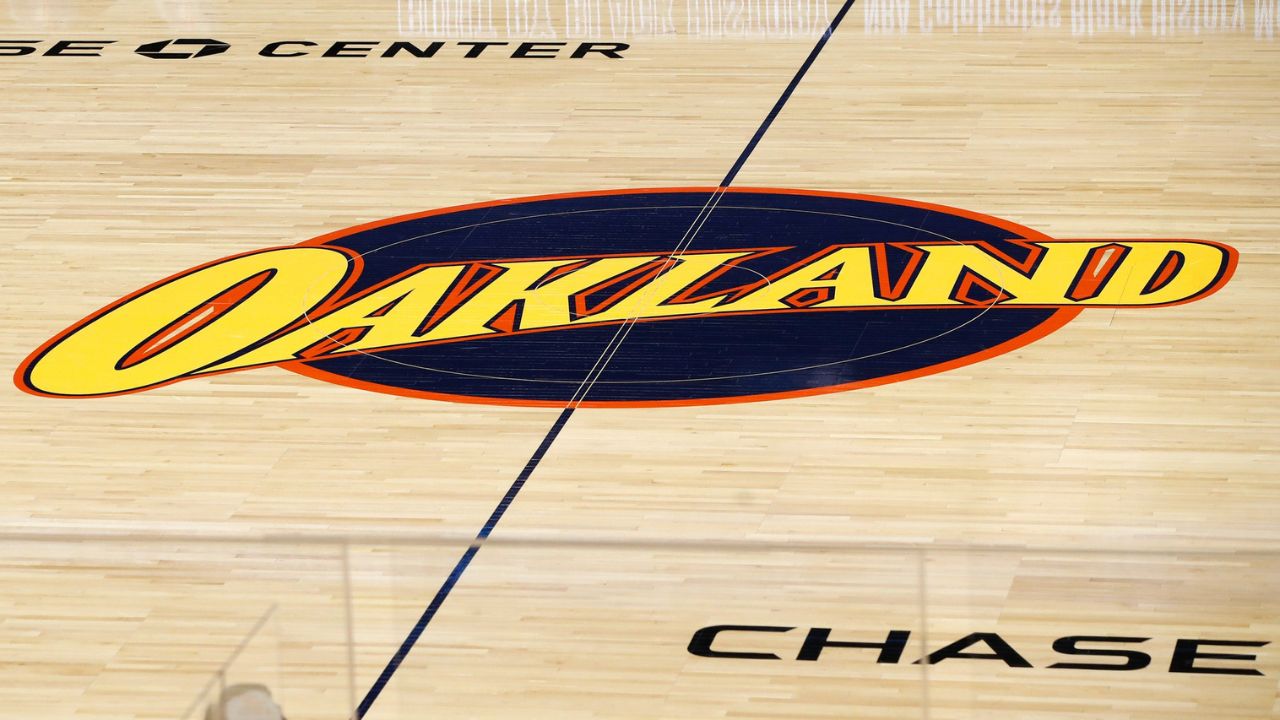 An Oakland logo is displayed at half court as seen before the game between the Golden State Warriors and the Boston Celtics at Chase Center - Source: Imagn Images