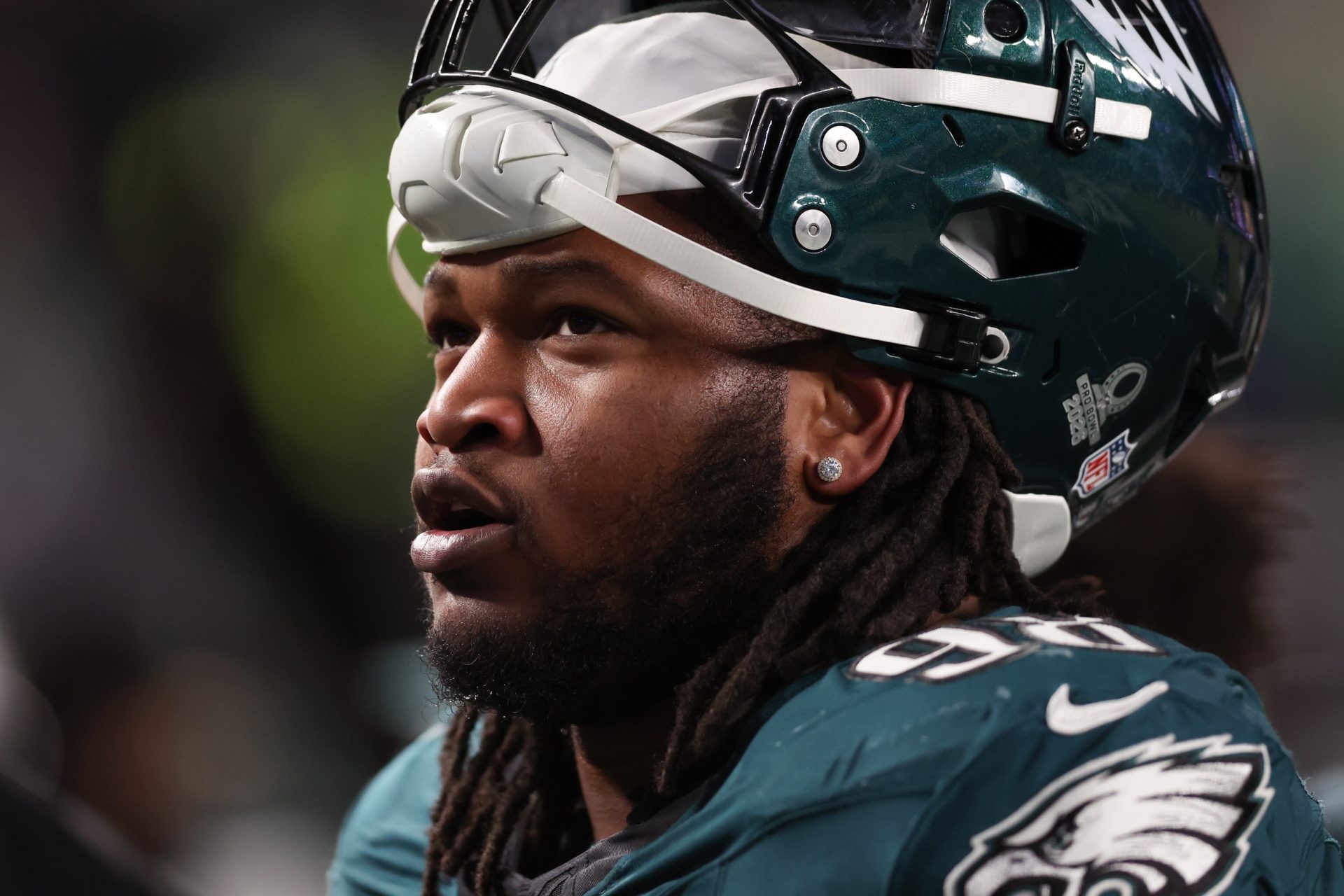 Philadelphia Eagles defensive tackle Jalen Carter (98) looks on during the second quarter against the San Francisco 49ers in an NFC Wild Card Round game at Lincoln Financial Field.