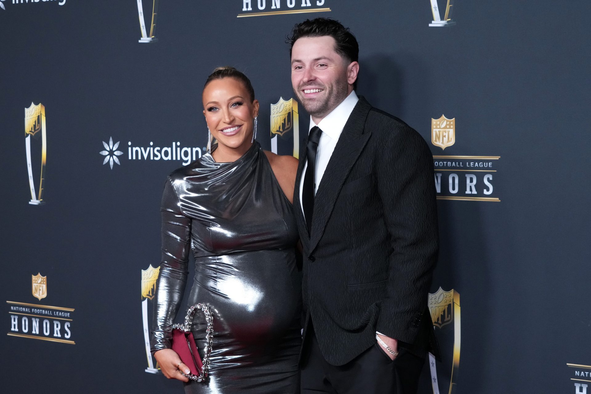 Baker Mayfield and Emily Wilkinson on the NFL Honors Red Carpet before Super Bowl LX at Palace of Fine Arts.