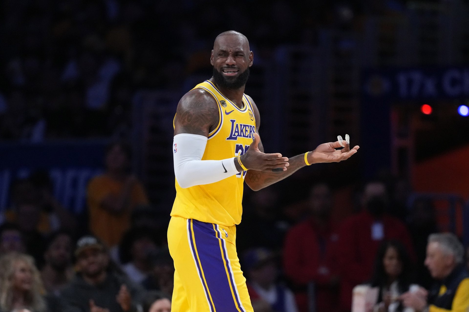 Los Angeles Lakers forward LeBron James (23) reacts against the Houston Rockets in the second half during game - Source: Imagn Images