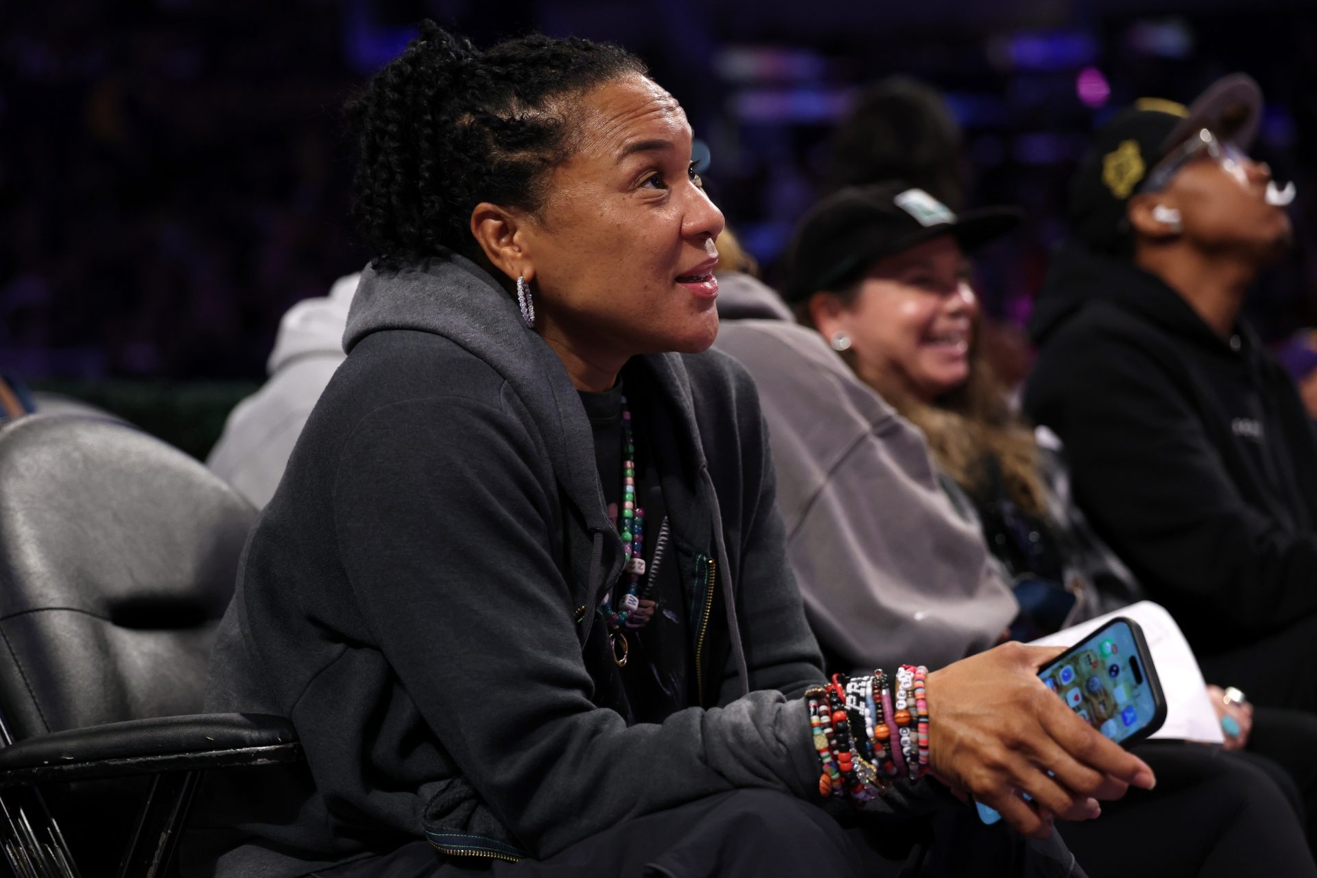 University of South Carolina women's basketball head coach Dawn Staley attends the WNBA game between the Los Angeles Sparks and the Seattle Storm at Crypto.com Arena.