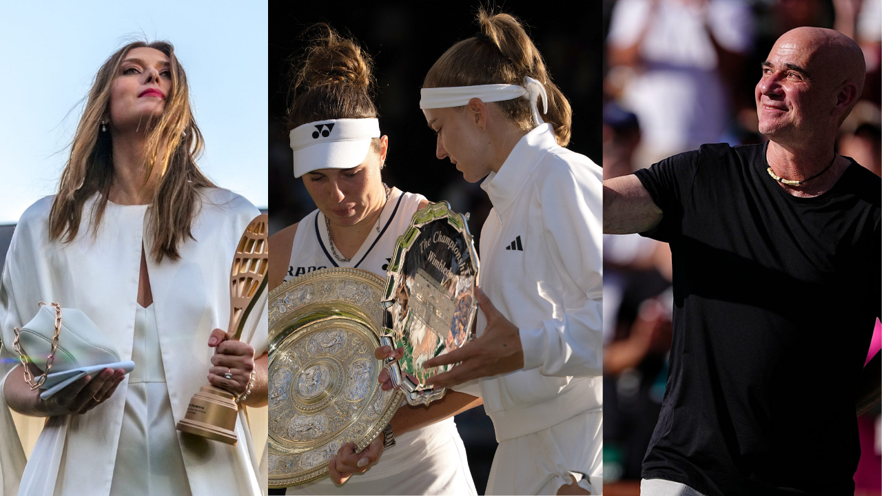 Maria Sharapova, Linda Noskova, Karolina Muchova, & Andre Agassi. Source: IMAGN