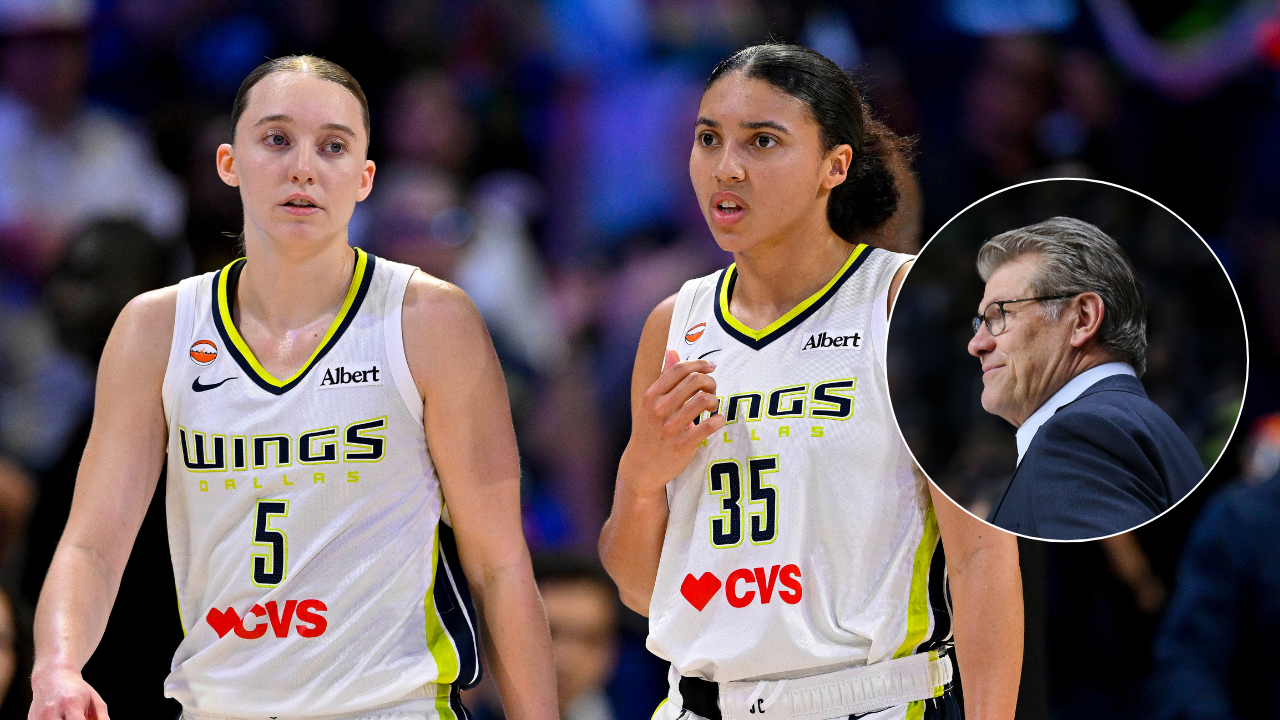 Paige Bueckers, Azzi Fudd, Geno Auriemma - Image Source: Imagn Images