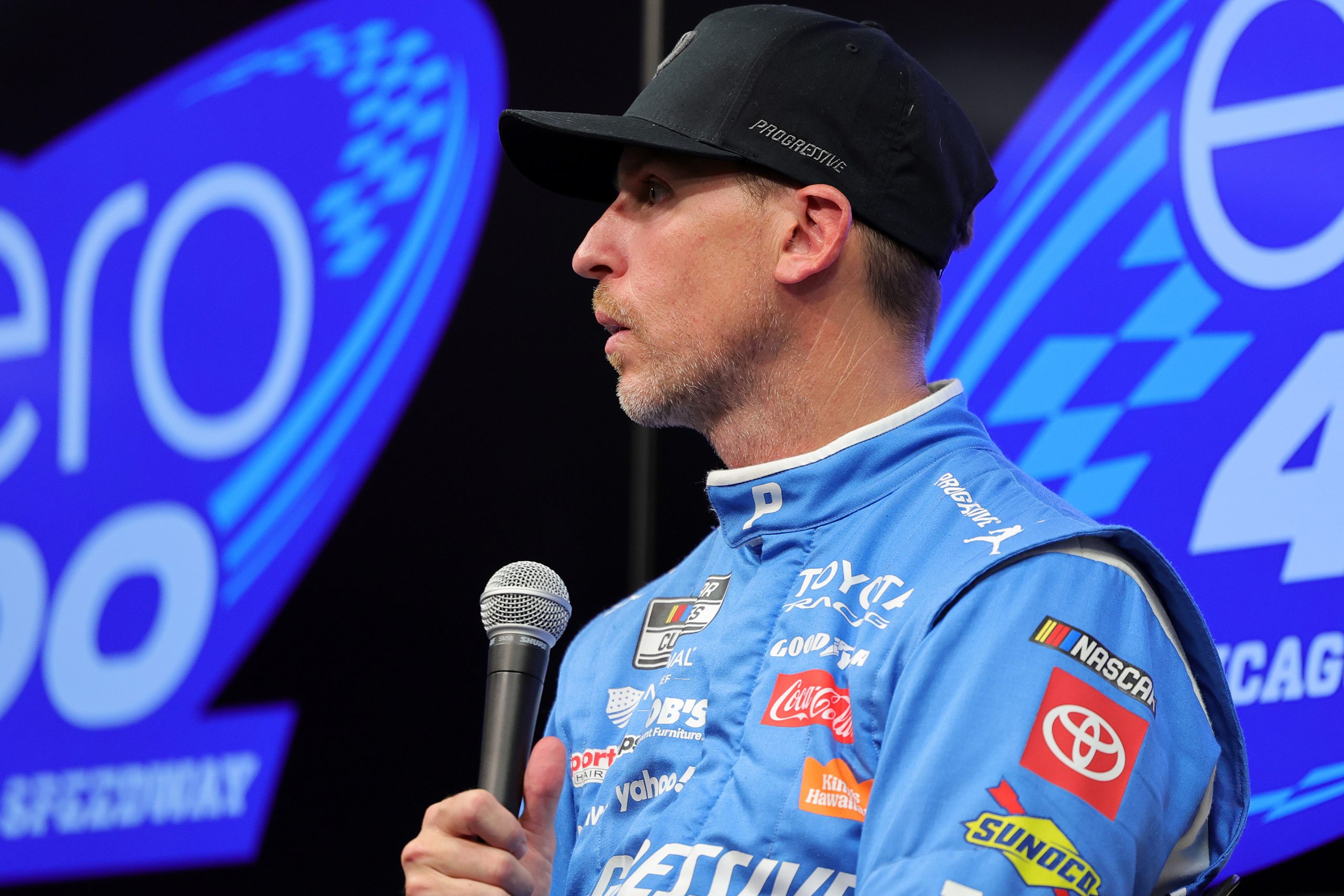 Jul 4, 2026; Joliet, Illinois, USA;NASCAR Cup Series driver Denny Hamlin (11) speaks to the media after winning the pole award for the eero 400 at Chicagoland Speedway. Mandatory Credit: Mike Dinovo-Imagn Images