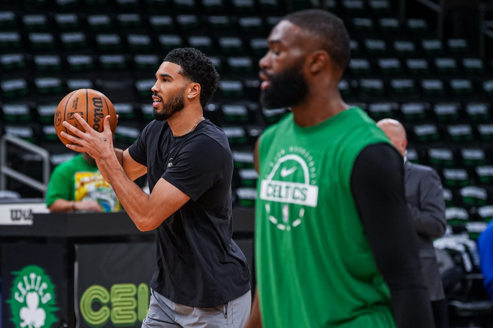 Boston Celtics forward Jayson Tatum (0) and guard Jaylen Brown (7) warm up before the start of the game - Source: Imagn Images
