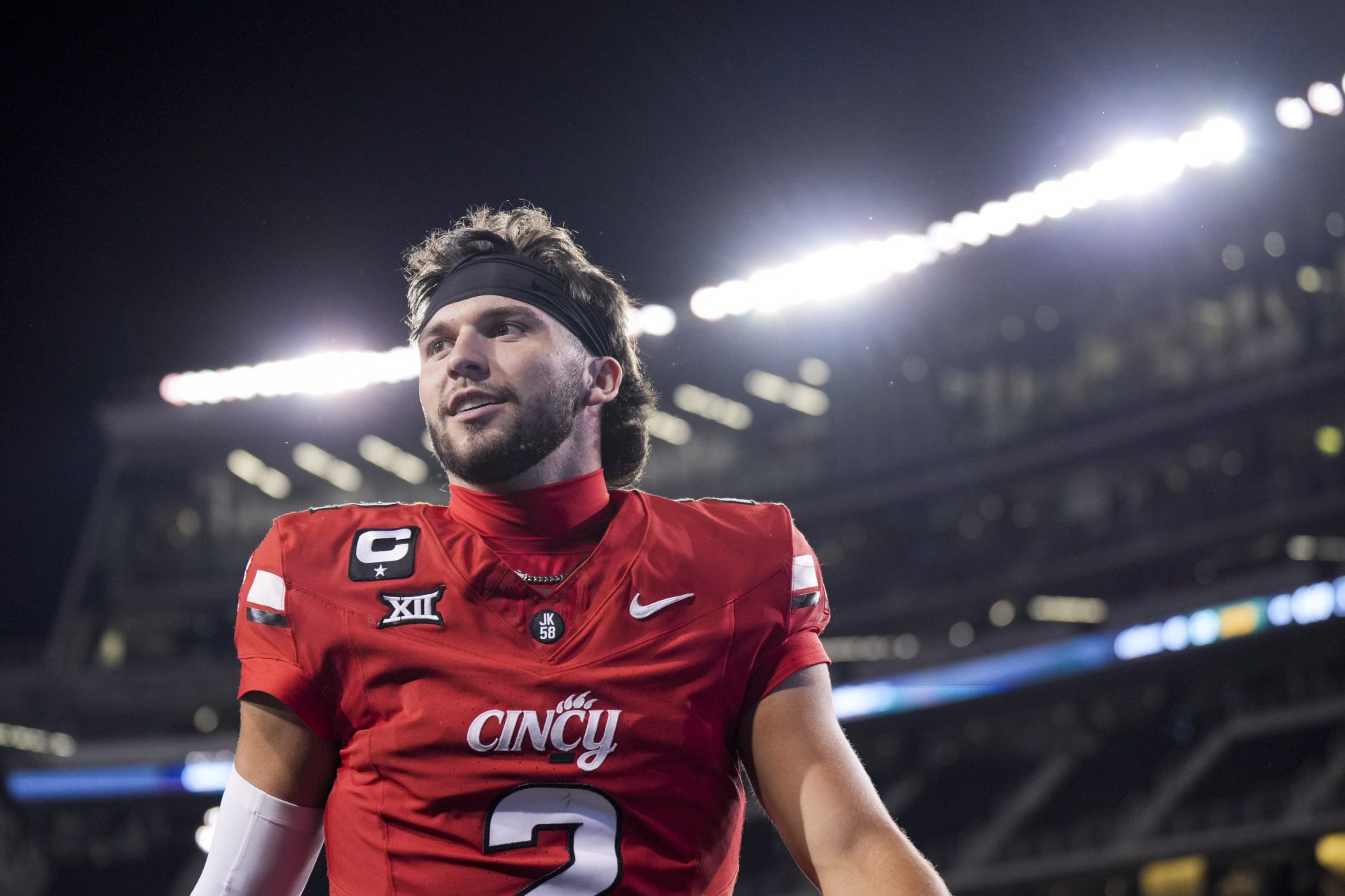 Cincinnati Bearcats quarterback Brendan Sorsby walks off the field after defeating the Baylor Bears at Nippert Stadium.