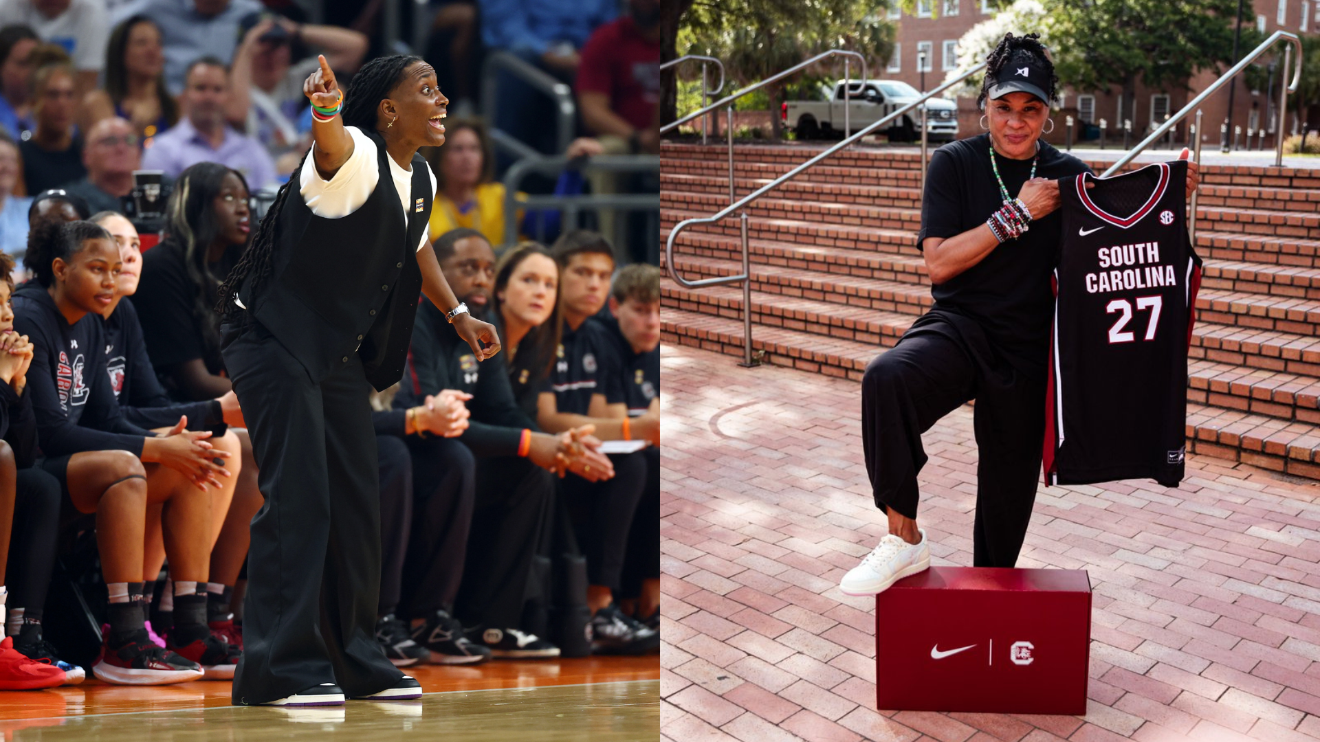 Khadijah Sessions and Dawn Staley. - Source: Imagn, @GamecockWBB on X/Twitter