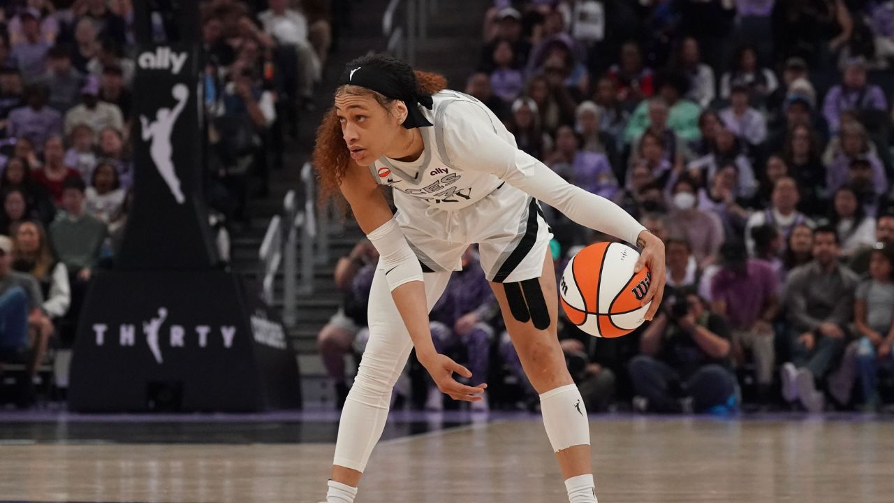Las Vegas Aces guard Chennedy Carter (23) dribbles the ball against the Golden State Valkyries in the second quarter at Chase Center - Source: Imagn Images