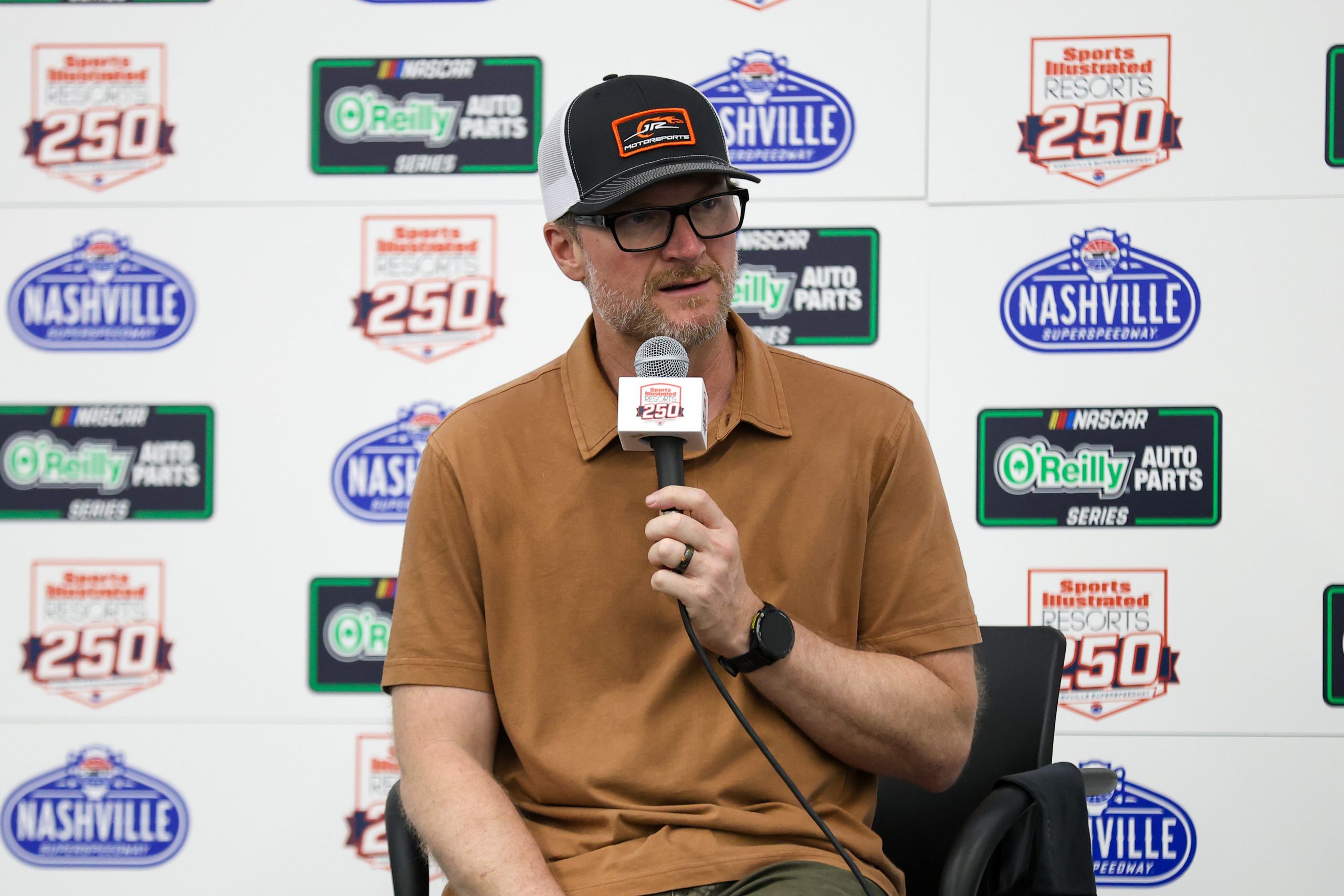 May 30, 2026; Lebanon, Tennessee, USA; Team owner Dale Earnhardt Jr. speaks after Justin Allgaier (7) wins at Nashville Superspeedway. Mandatory Credit: Randy Sartin-Imagn Images
