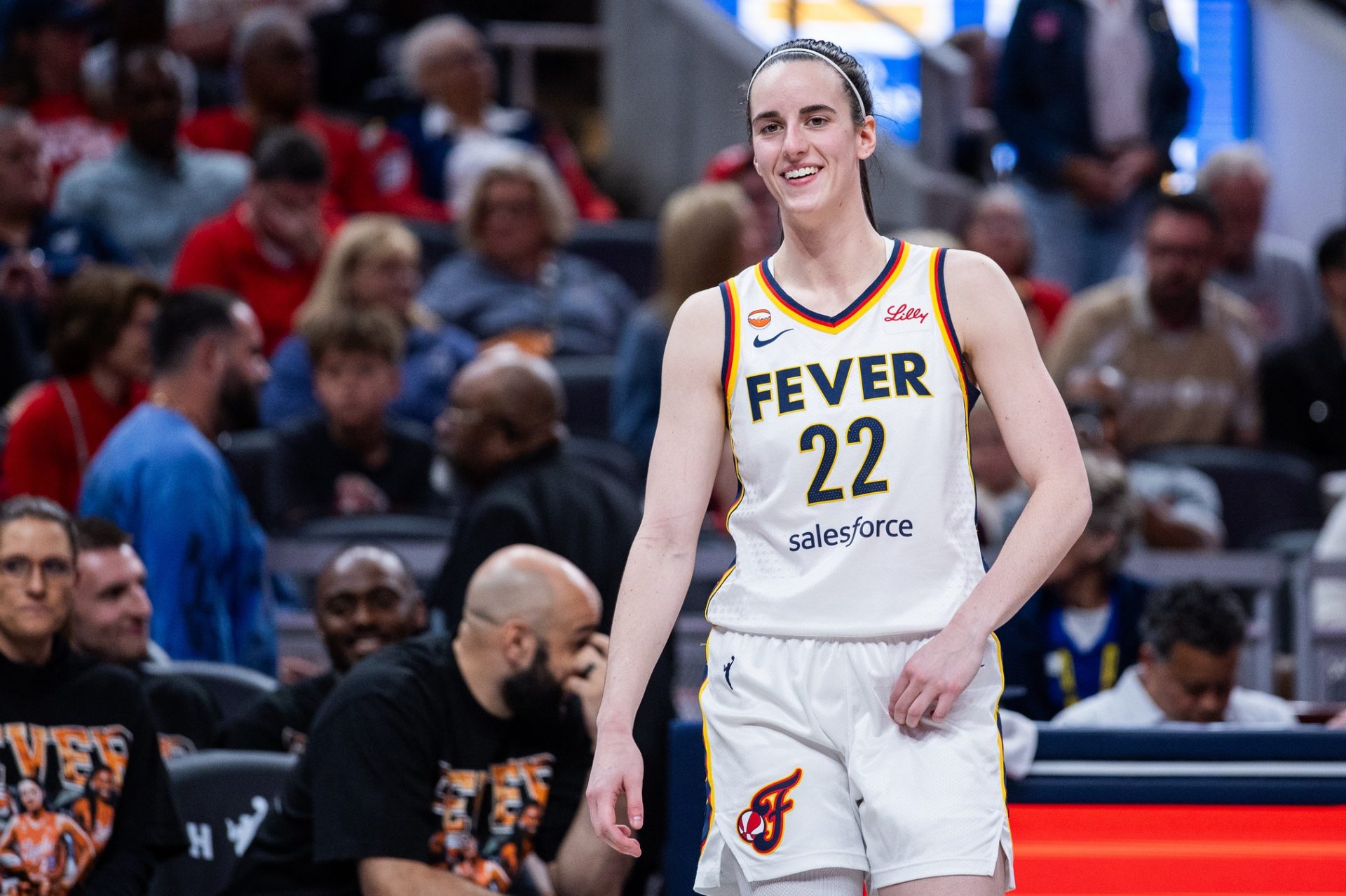 Indiana Fever guard Caitlin Clark (22) in the second half against the Connecticut Sun at Gainbridge Fieldhouse. 
source: Imagn