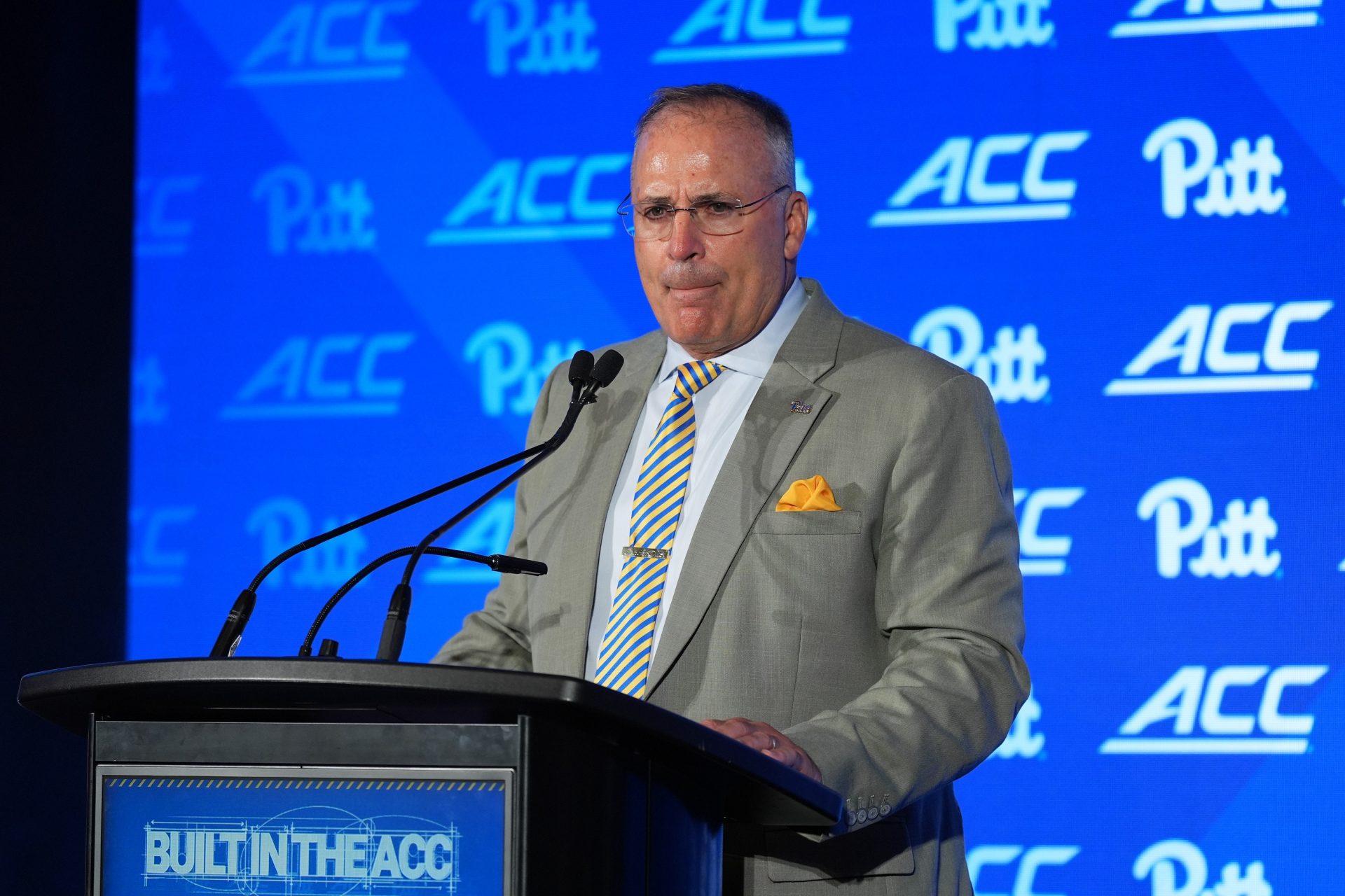 Pitt head coach Pat Narduzzi  talks with the media during interviews at Hilton Charlotte Uptown.