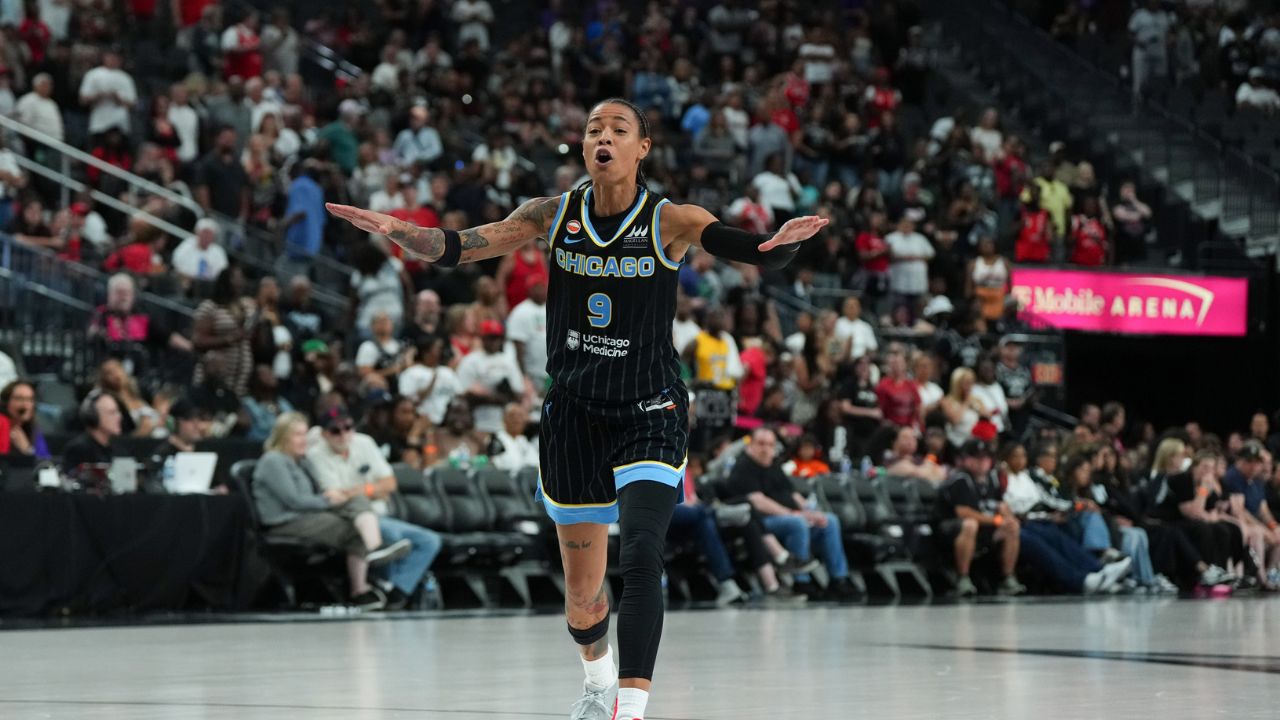 Chicago Sky guard Natasha Cloud (9) reacts to a call during overtime of their game against the Las Vegas Aces - Source: Imagn Images