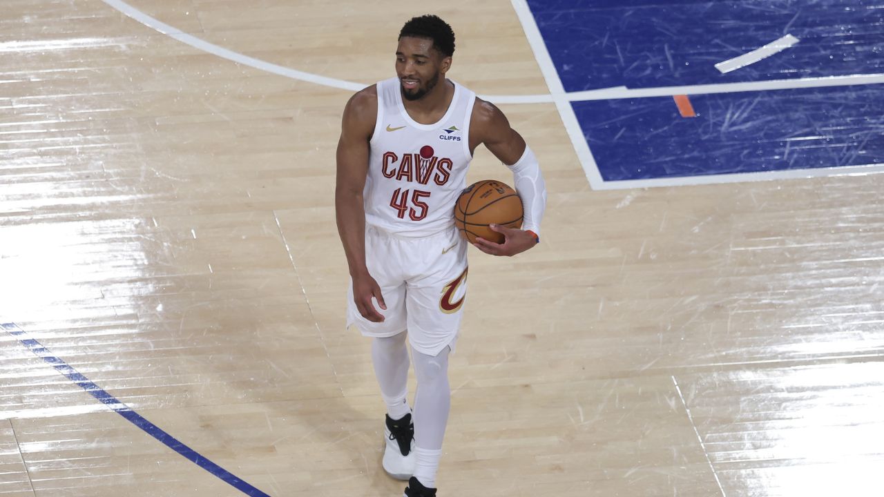 Cleveland Cavaliers guard Donovan Mitchell (45) reacts during the fourth quarter of game two of the eastern conference finals during the 2026 NBA against the New York Knicks - Source: Imagn Images
