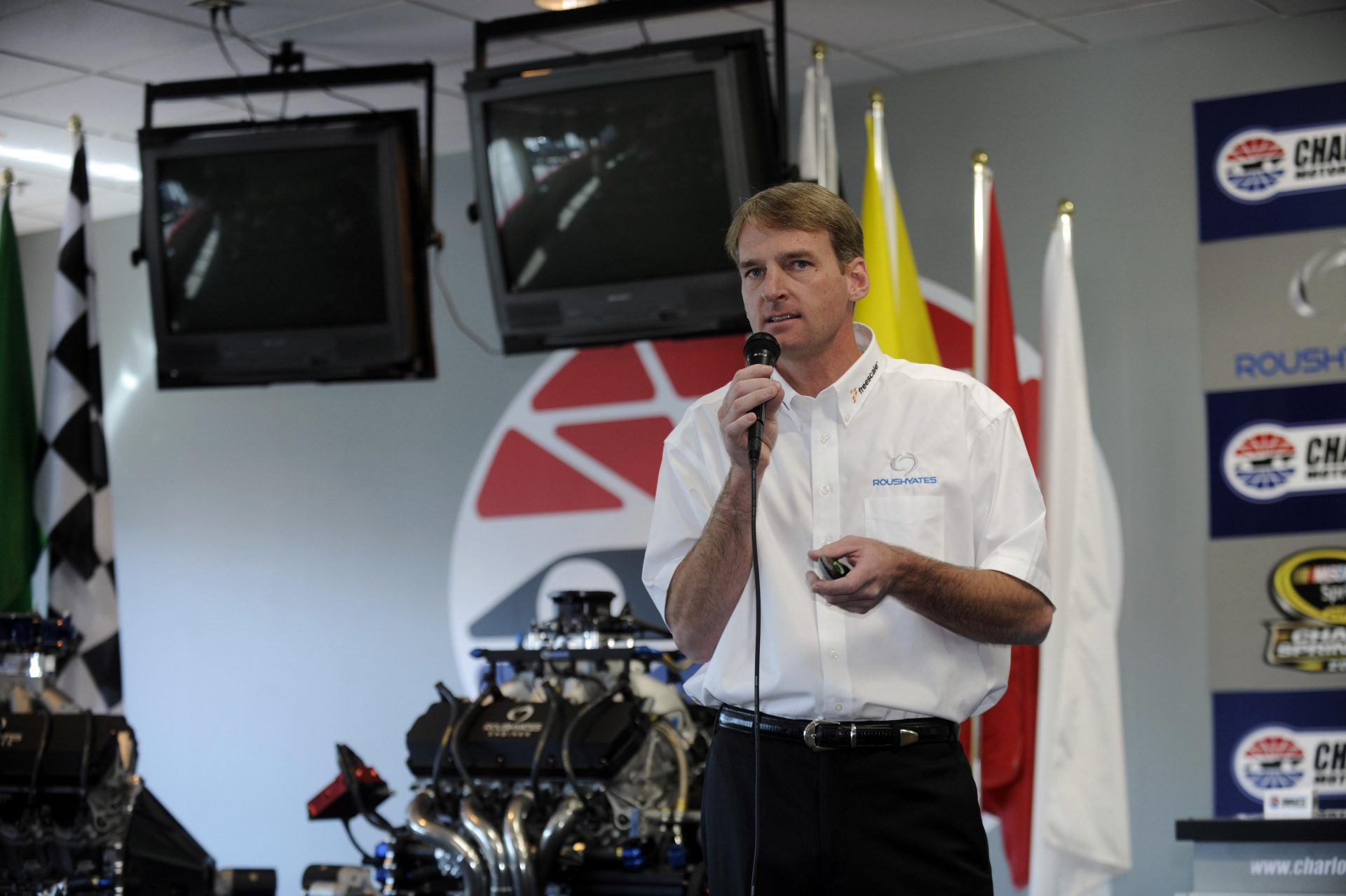 NASCAR Sprint Cup Series engine builder Doug Yates addresses the media during the electronic fuel injection test session at Charlotte Motor Speedway.