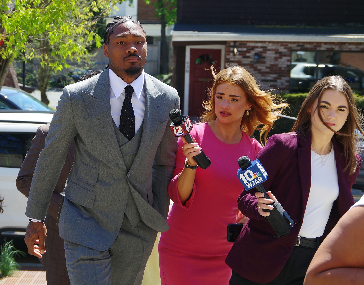 Former New England Patriots wide receiver Stefon Diggs returns to Dedham District Court after lunch break on Tuesday, May 5, 2026. Diggs did not speak with the media. Credit: Imagn