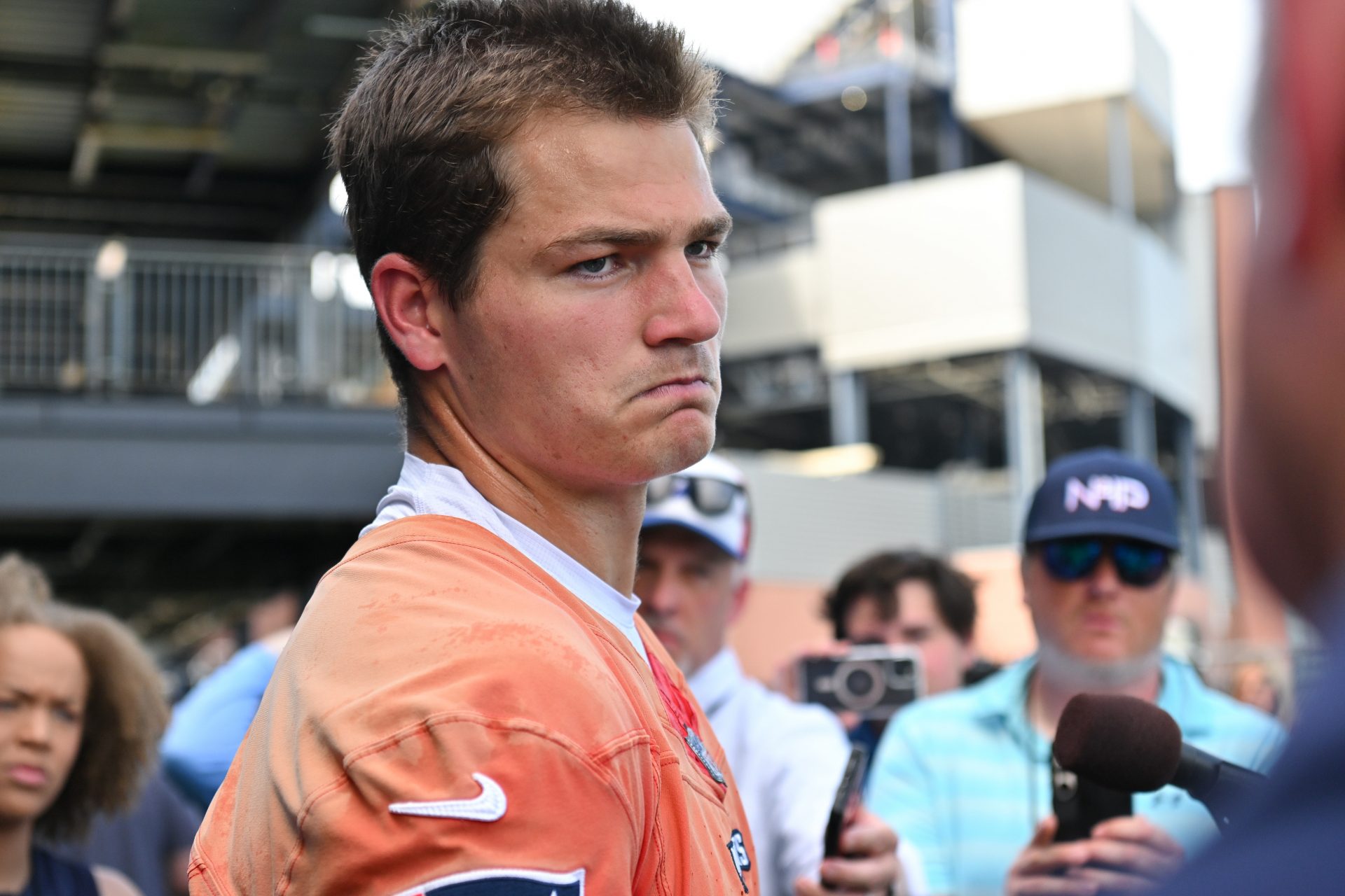 New England Patriots quarterback Drake Maye (10) speaks to the media after minicamp at Gillette Stadium.