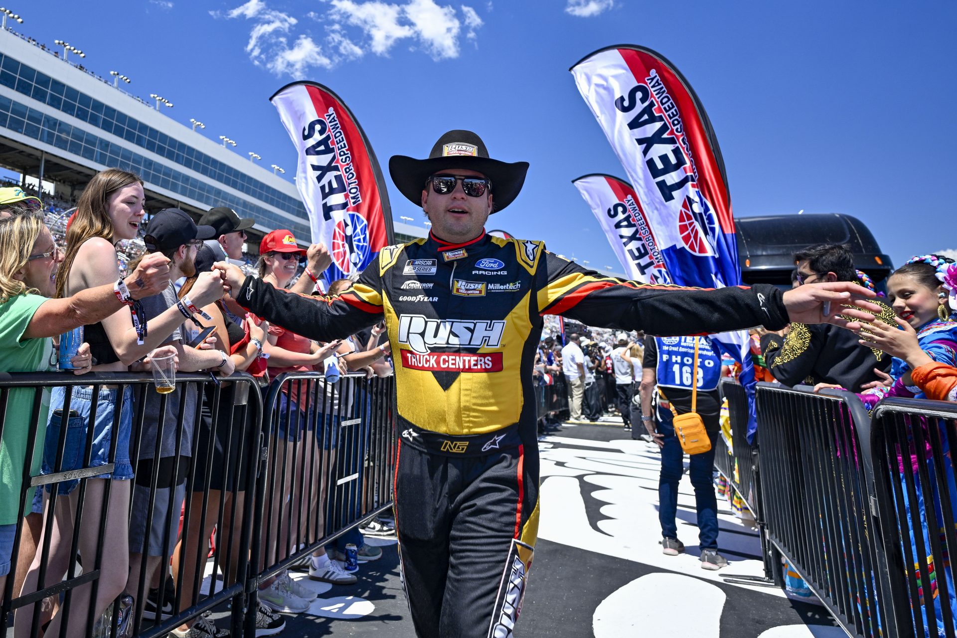 Front Row Motorsports driver Noah Gragson (4) is introduced before the start of the 2026 Wurth 400 cup race at Texas Motor Speedway.