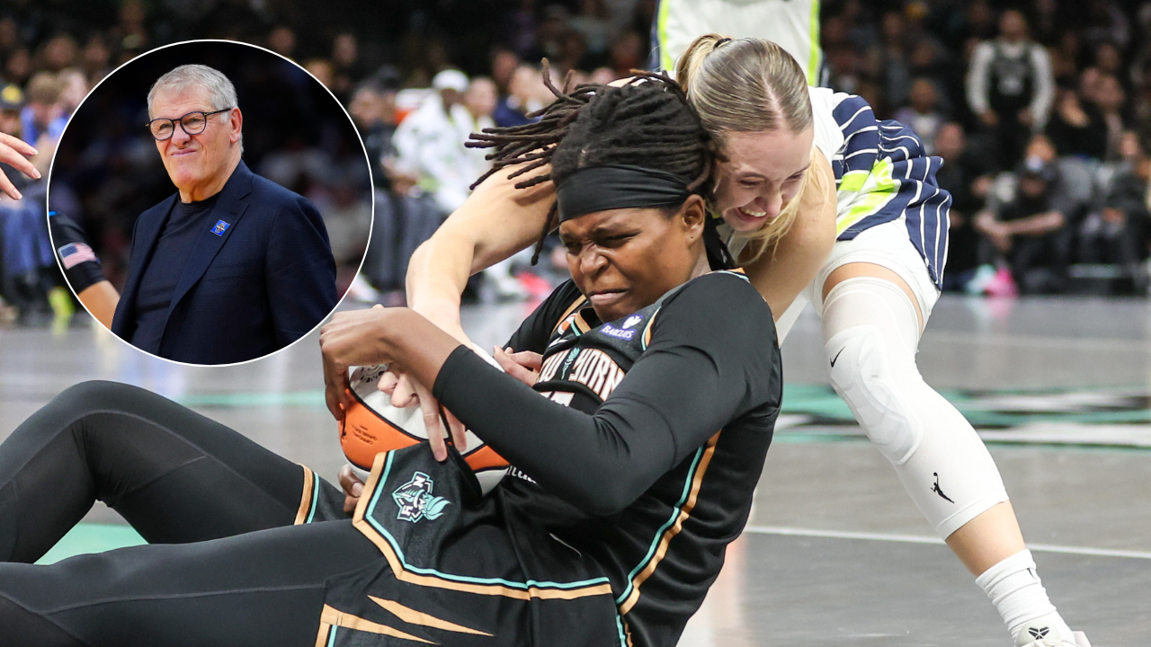 Geno Auriemma, Jonquel Jones, Paige Bueckers - Image Source: Imagn Images
