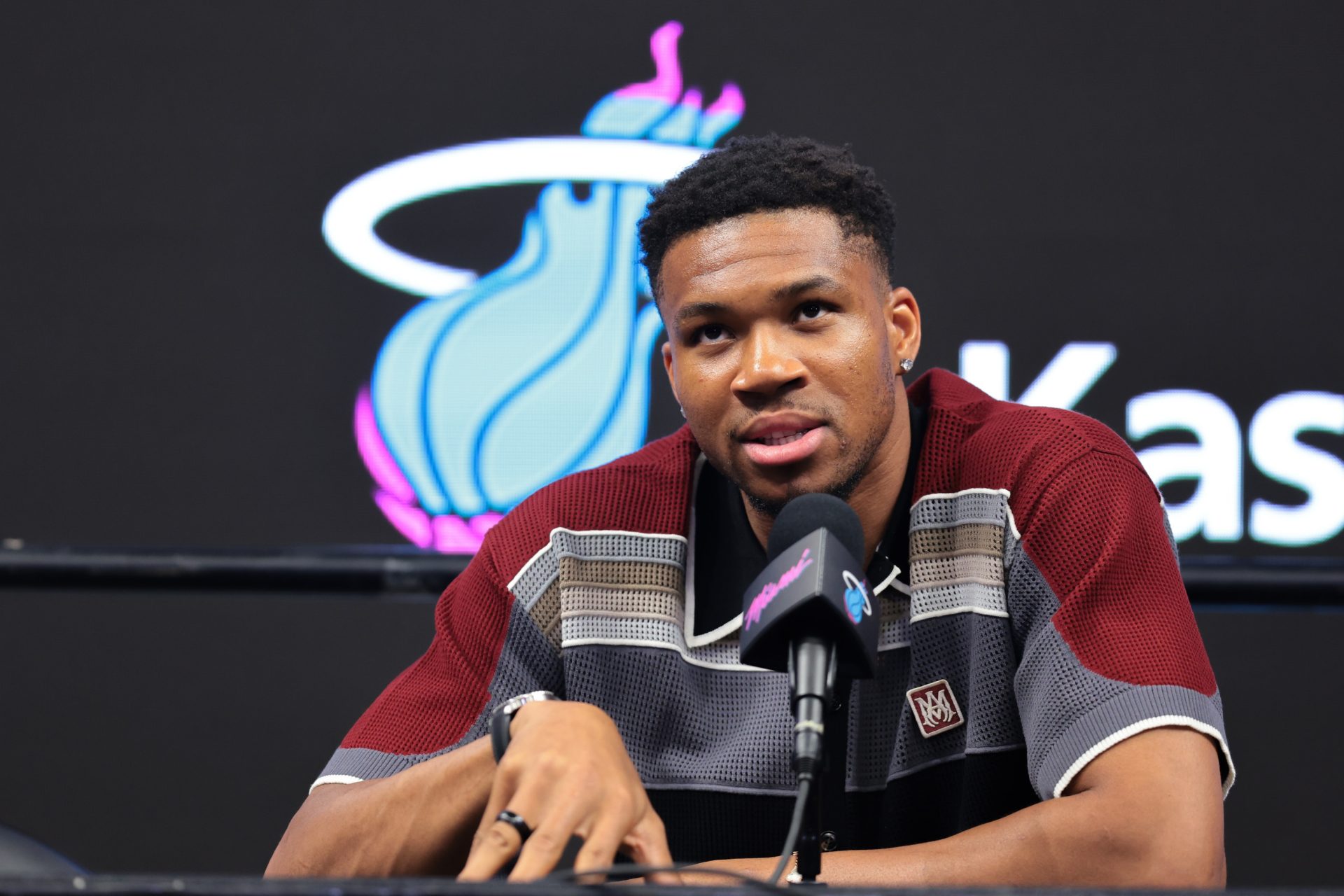 Miami Heat forward Giannis Antetokounmpo (7) speaks to reporters during his introductory press conference at Kaseya Center - Source: Imagn Images
