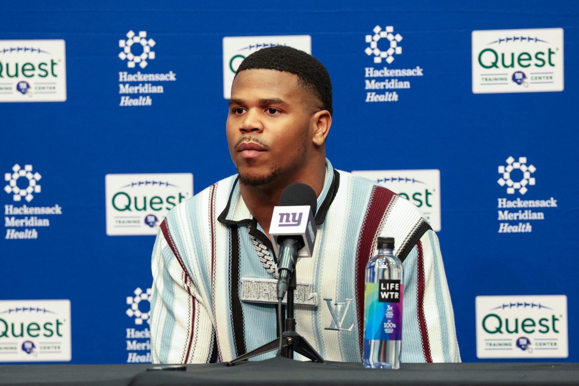 New York Giants first round draft pick, Abdul Carter, takes questions from the media during his introduction press conference. New York Giants