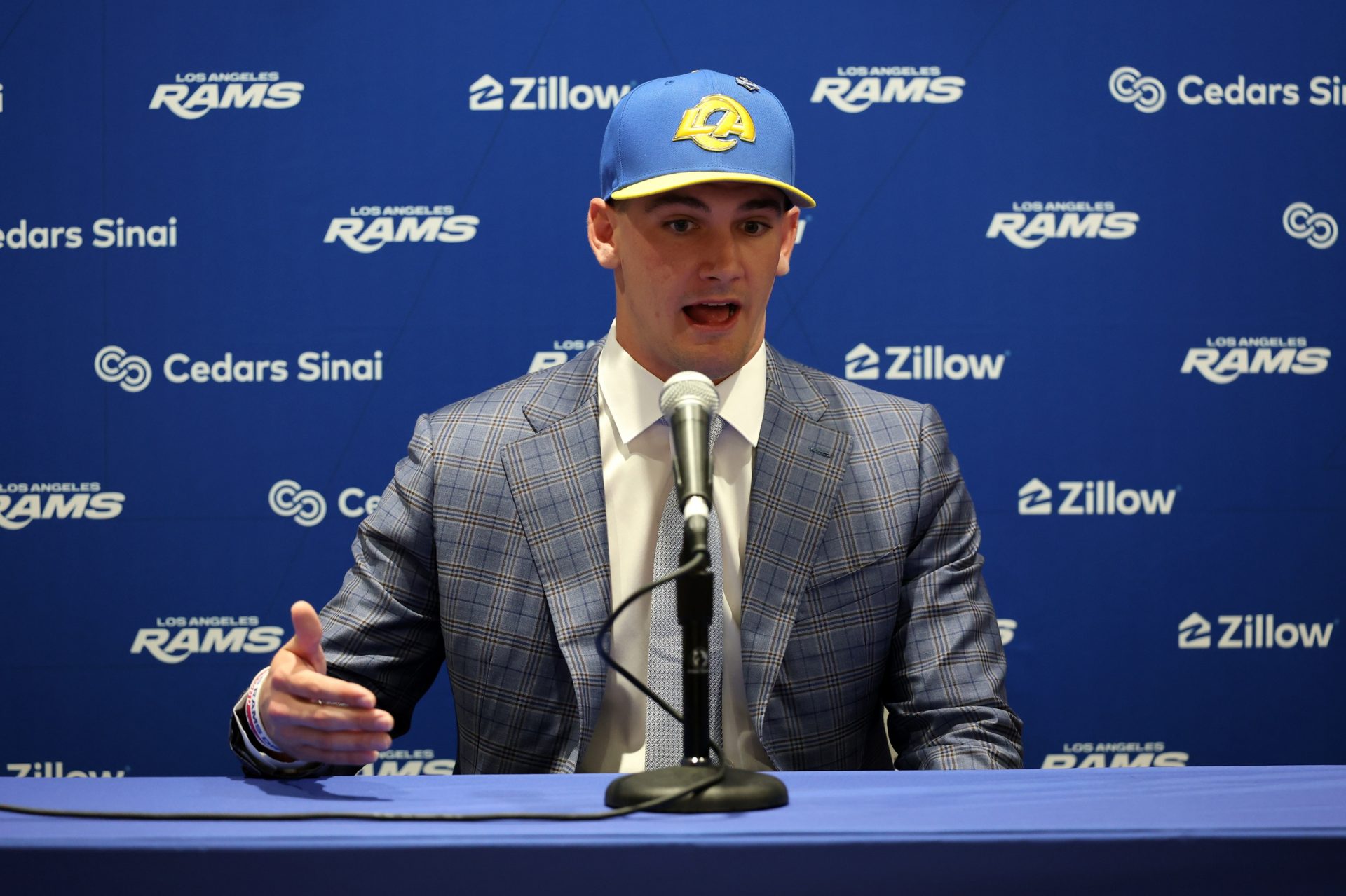 Los Angeles Rams first-round draft pick Ty Simpson speaks to media during a press conference at Code Next at Hollywood Park.