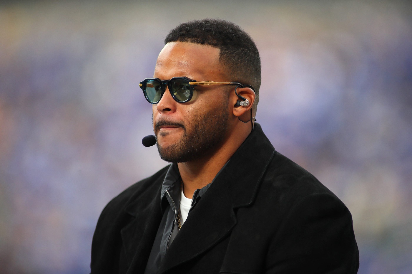Former Pittsburgh Panther and retired NFL defensive tackle Aaron Donald speaks live as a special guest during the ESPN GameDay broadcast on the sidelines at Acrisure Stadium in Pittsburgh, PA prior to the start of the Pittsburgh Panthers vs Notre Dame Fighting Irish game,
Source: Imagn