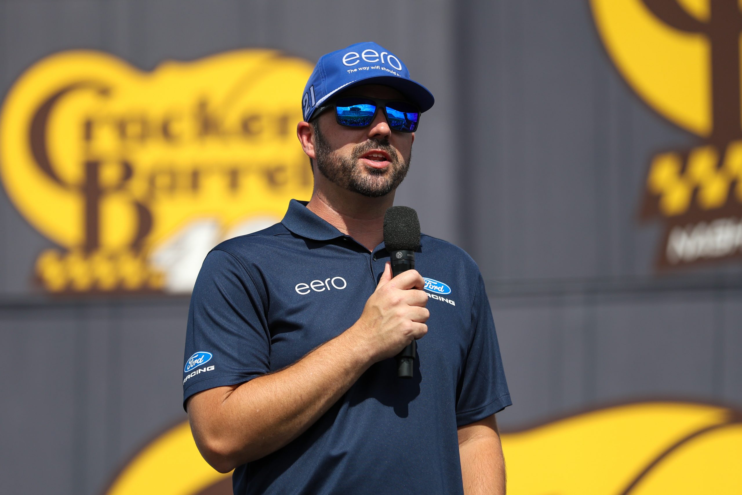 May 31, 2026; Lebanon, Tennessee, USA; Wood Brothers Racing driver Josh Berry (21) speaks before the Cracker Barrel 400 at Nashville Superspeedway. Mandatory Credit: Randy Sartin-Imagn Images