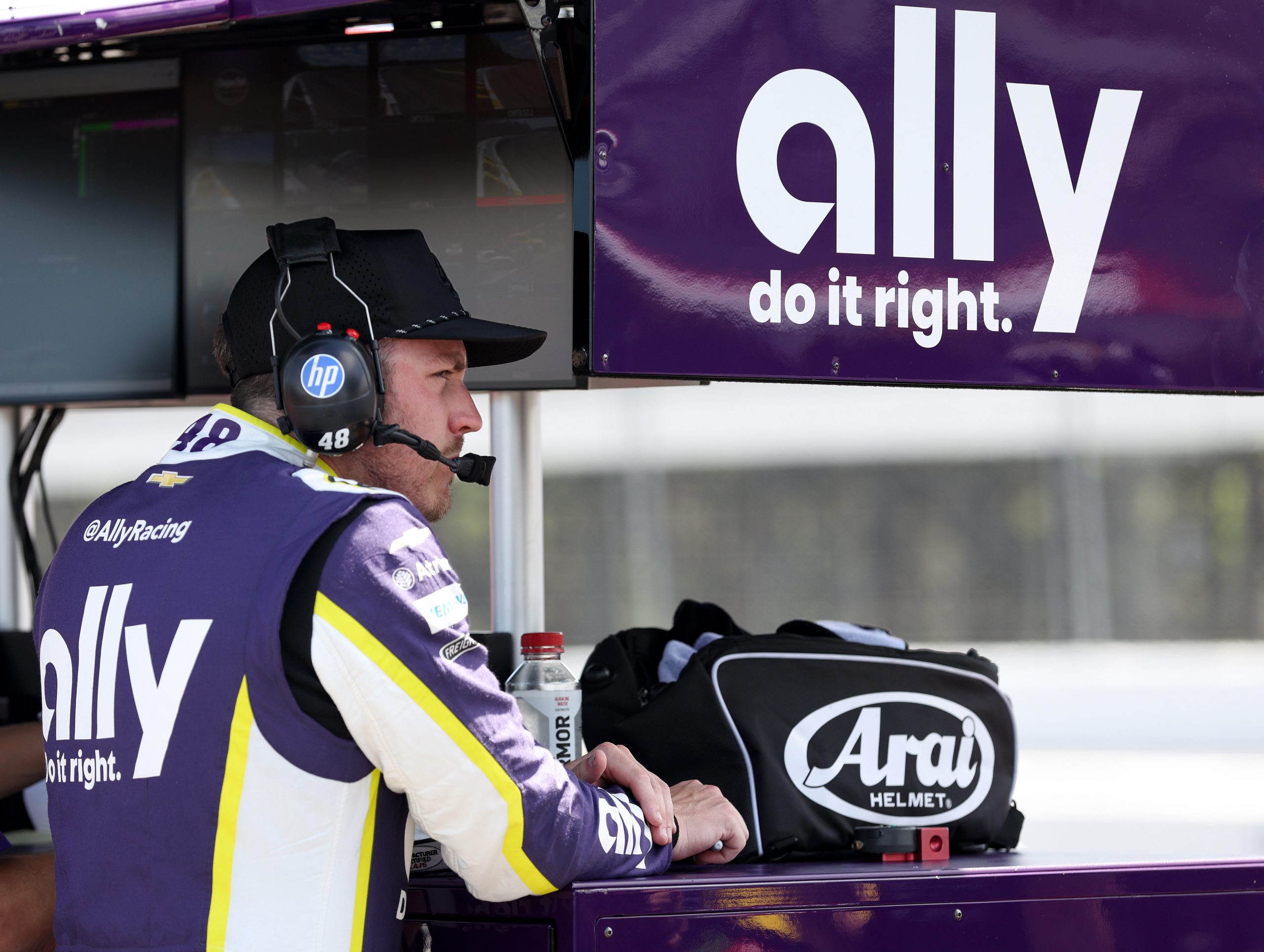 Jun 13, 2026; Long Pond, Pennsylvania, USA; NASCAR Cup Series driver Alex Bowman looks on during practice and qualifying for The Great American Getaway 400 at Pocono Raceway. Mandatory Credit: Matthew O'Haren-Imagn Images