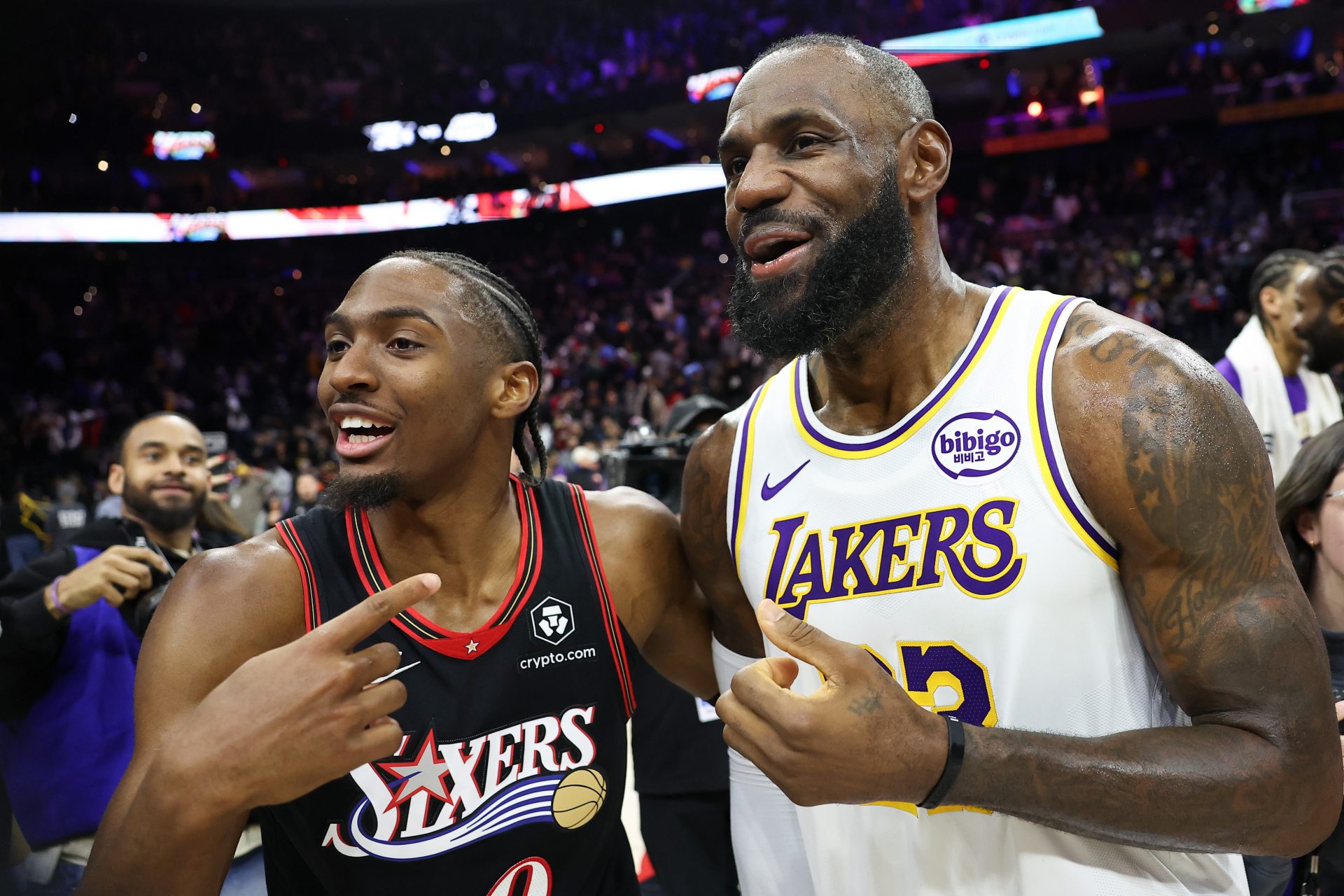 Lebron James, Tyrese Maxey.
Source: Bill Streicher-Imagn Images