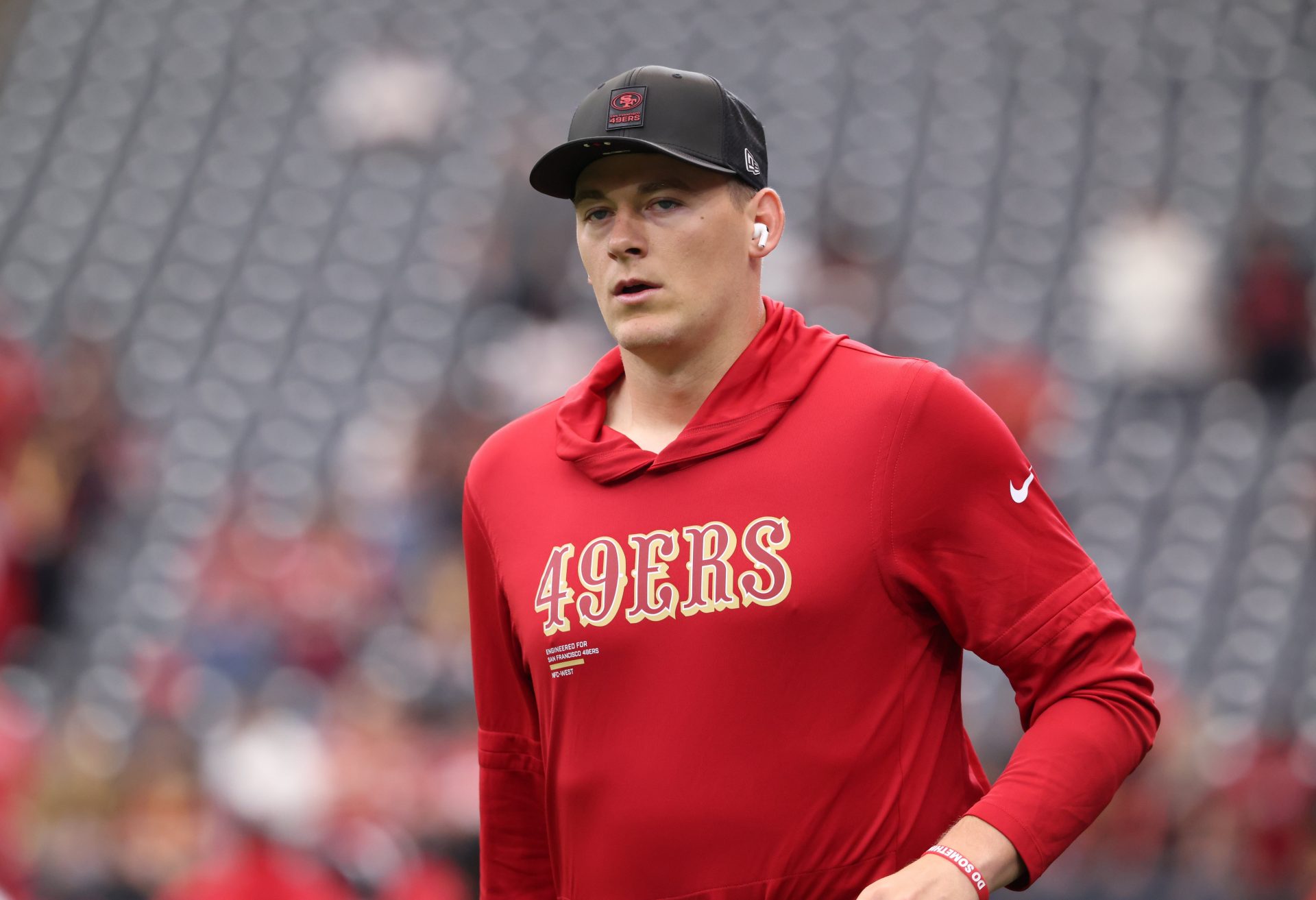 San Francisco 49ers quarterback Mac Jones (10) warms up before a game against the Houston Texans at NRG Stadium.