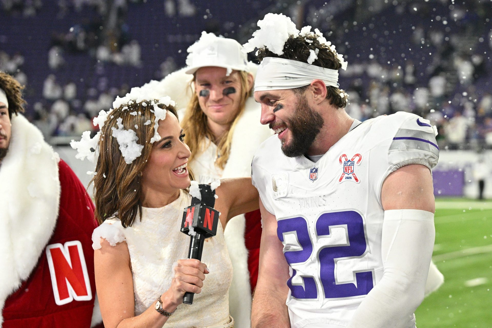 Minnesota Vikings safety Harrison Smith (22) is interviewed by Dianna Russini after the game against the Detroit Lions at U.S. Bank Stadium.
