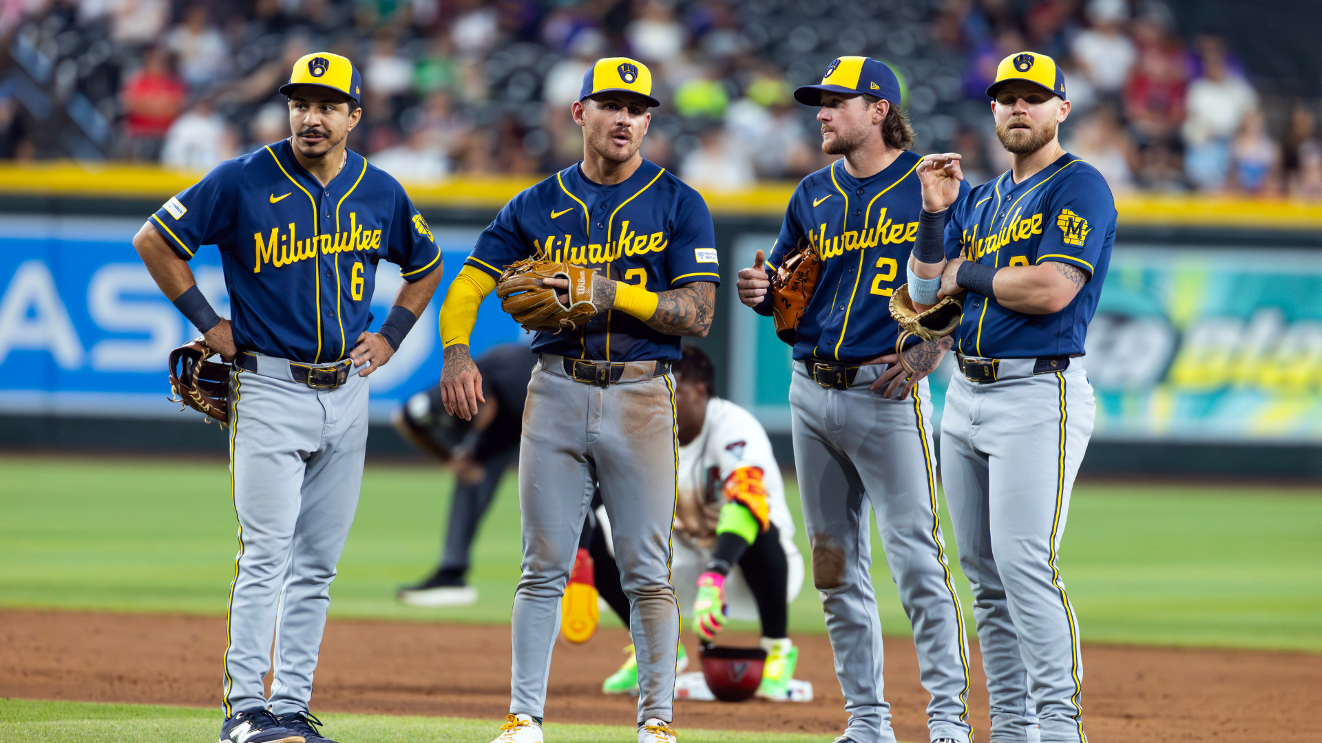 Milwaukee Brewers (from left) third baseman David Hamilton, shortstop Joey Ortiz, second baseman Brice Turang and first baseman Jake Bauers. Source: IMAGN