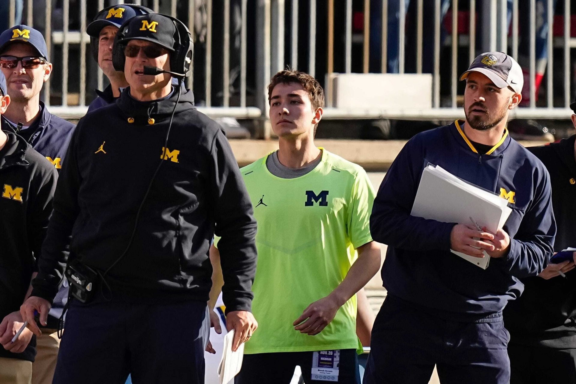 Michigan coach Jim Harbaugh watches from the sideline beside off-field analyst Connor Stalions.
Source: Adam Cairns / Columbus Dispatch / USA TODAY NETWORK via Imagn Images