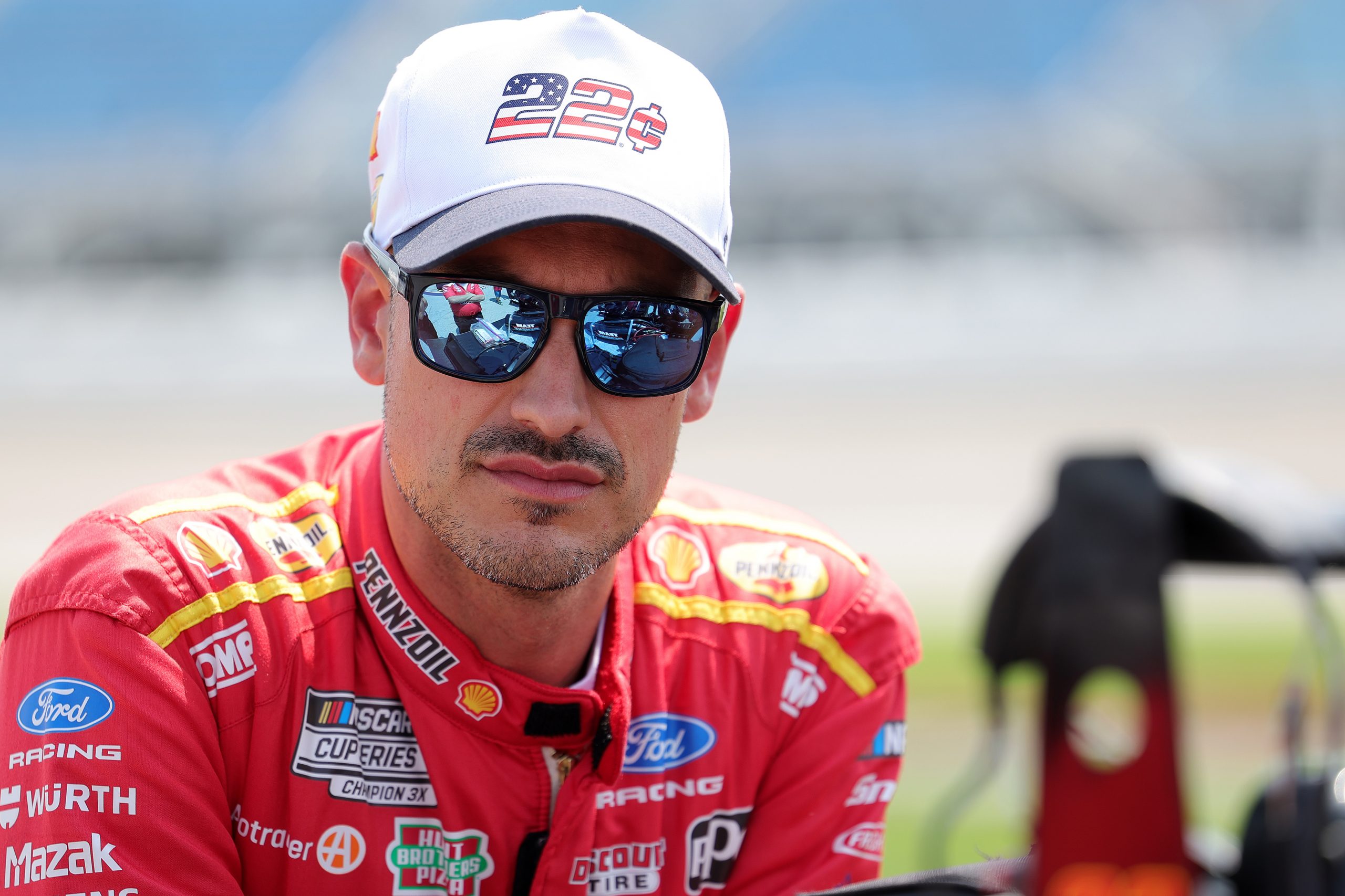 Jul 4, 2026; Joliet, Illinois, USA; NASCAR Cup Series driver Joey Logano (22) before qualifying for the eero 400 at Chicagoland Speedway. Mandatory Credit: Mike Dinovo-Imagn Images