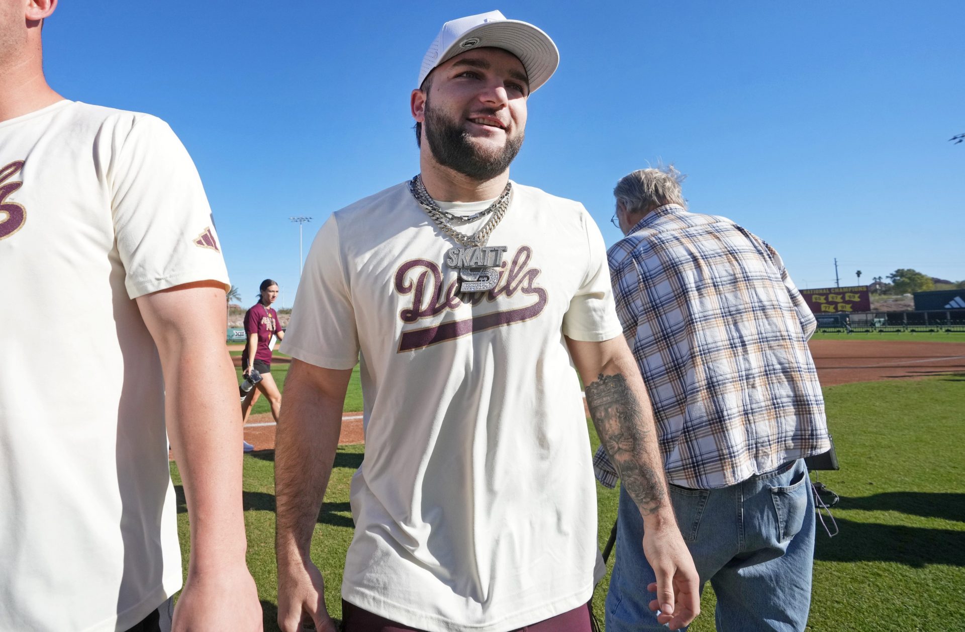 ASU football star Cam Skattebo plays in the second annual alumni and celebrity softball game to kick off the ASU baseball season at Phoenix Municipal Stadium on Feb. 1, 2026.