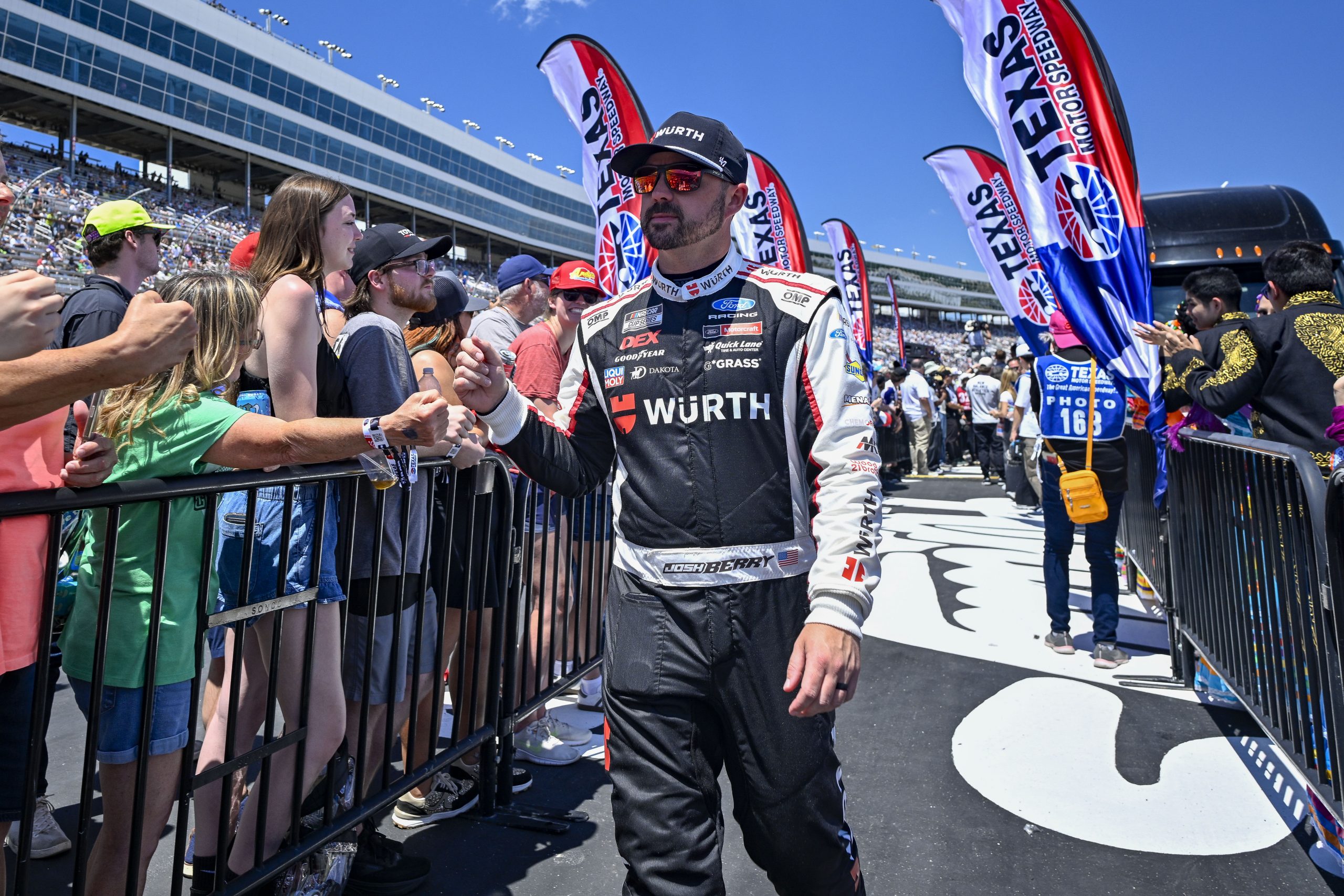 May 3, 2026; Fort Worth, Texas, USA; Wood Brothers Racing driver Josh Berry (21) is introduced before the start of the 2026 Wurth 400 cup race at Texas Motor Speedway. Mandatory Credit: Jerome Miron-Imagn Images