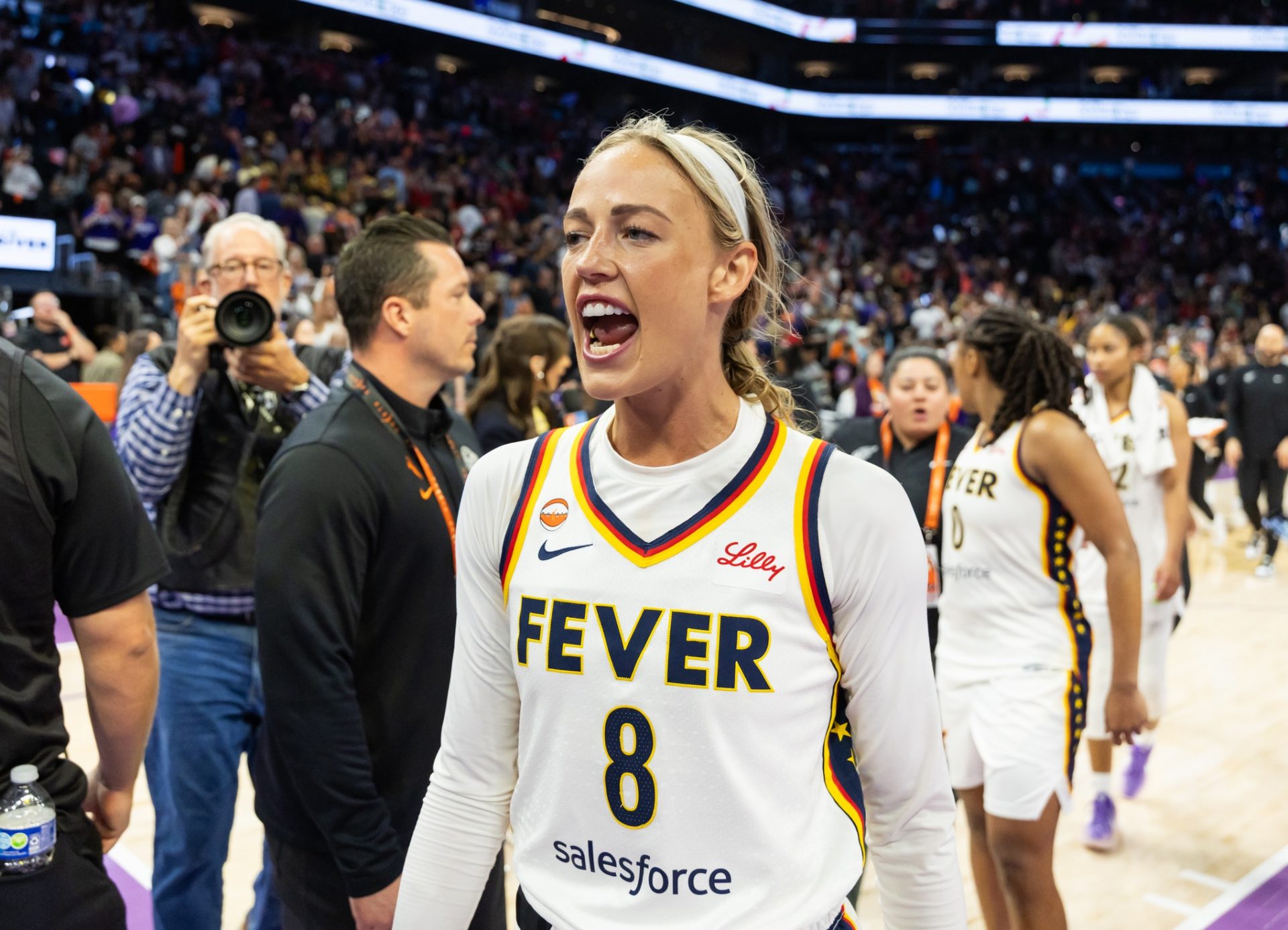 Indiana Fever guard Sophie Cunningham (8) celebrates after defeating the Phoenix Mercury - Source: Imagn Images