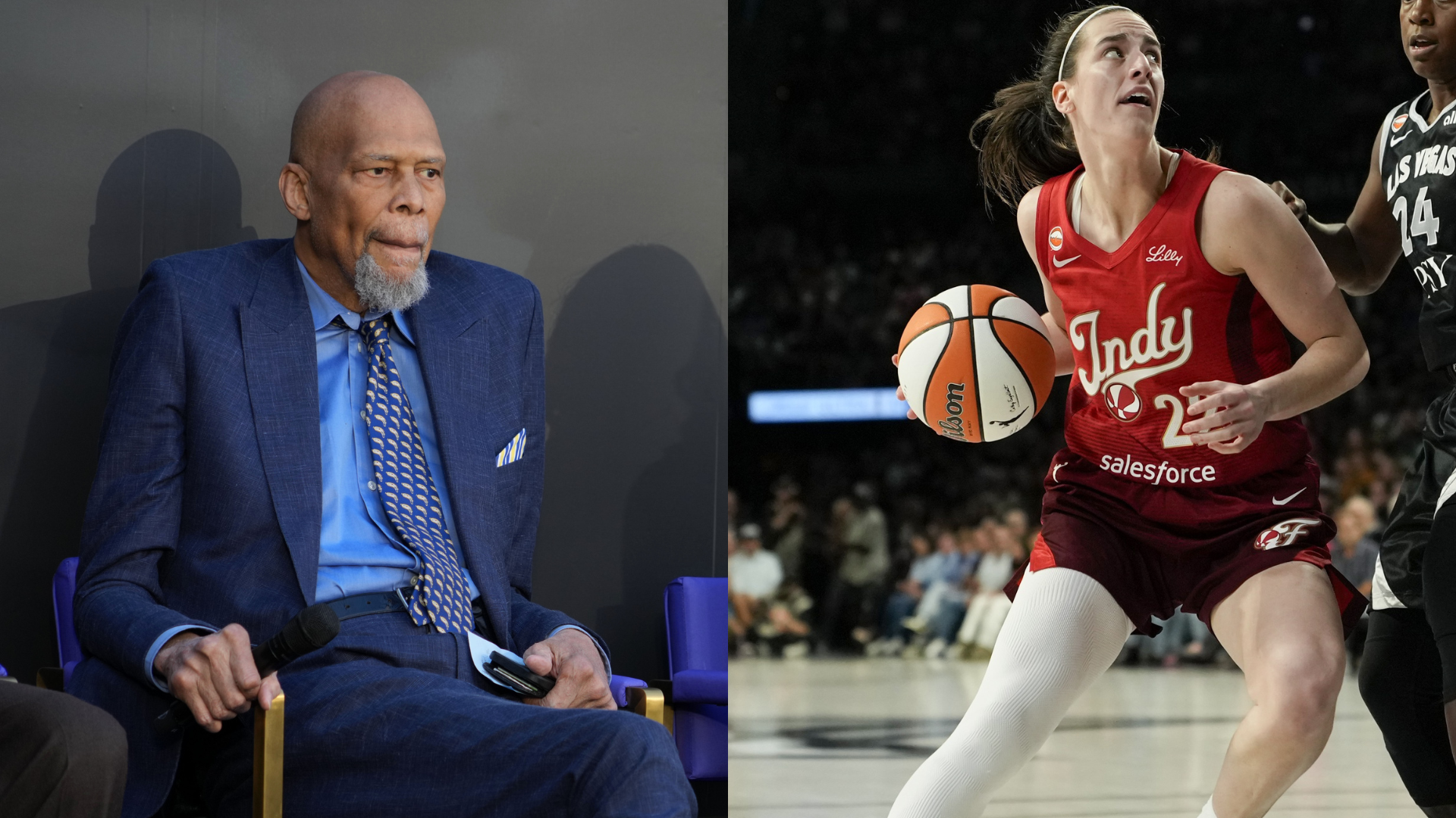 Kareem Abdul-Jabbar and Caitlin Clark. - Source: Imagn