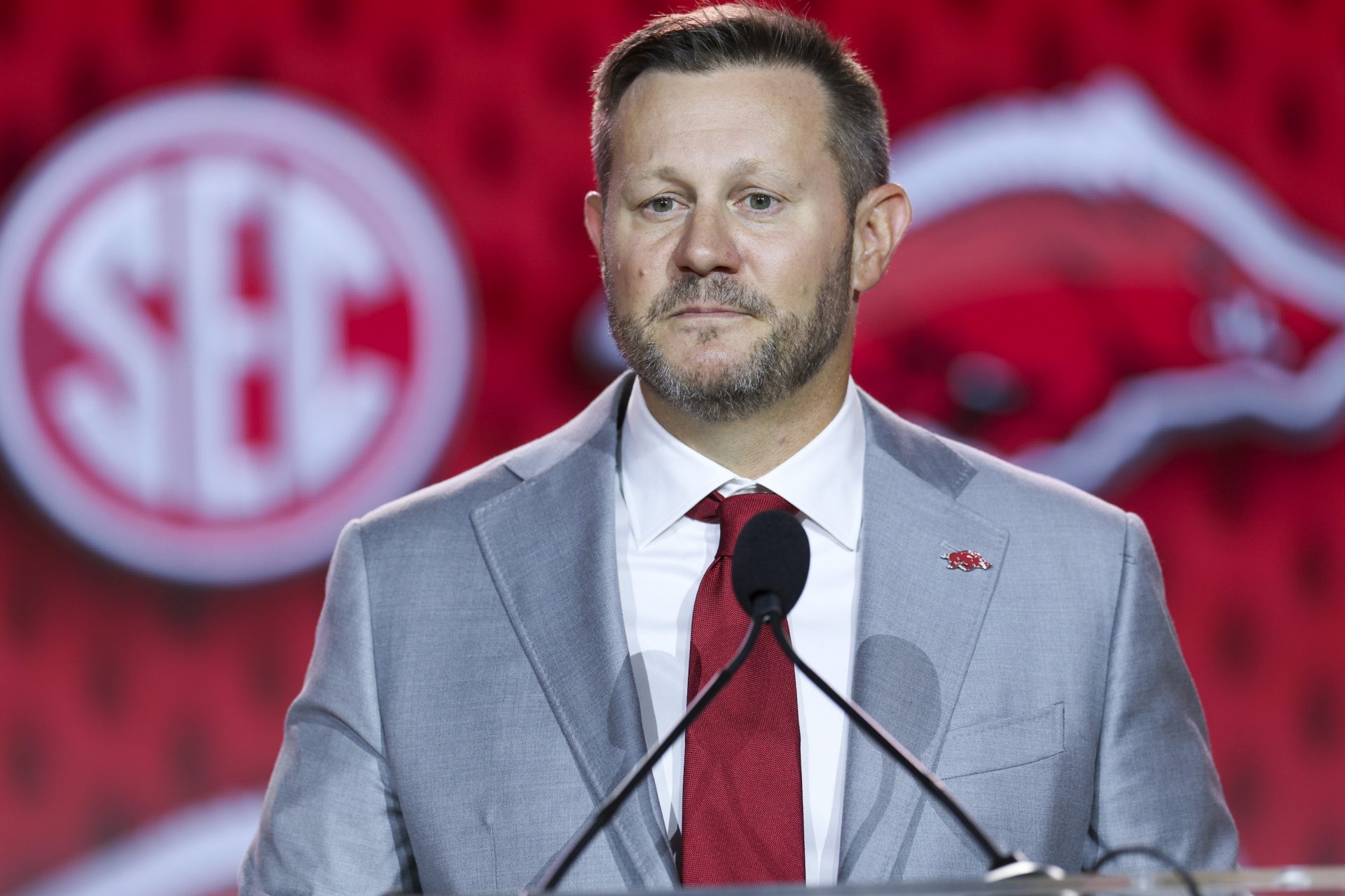 Arkansas Razorbacks head coach Ryan Silverfield speaks to the press during SEC Football Kickoff Media Day at the Tampa Marriott.