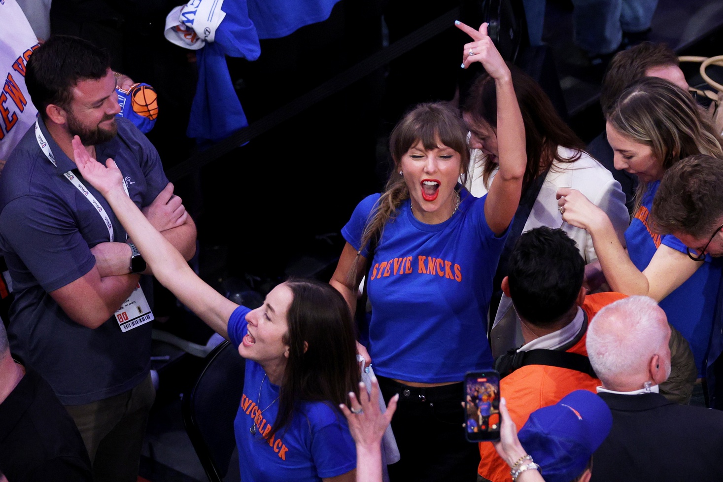 Taylor Swift celebrates with Alana Haim and Este Haim after game four of the 2026 NBA Finals between the San Antonio Spurs and New York Knicks at Madison Square Garden.