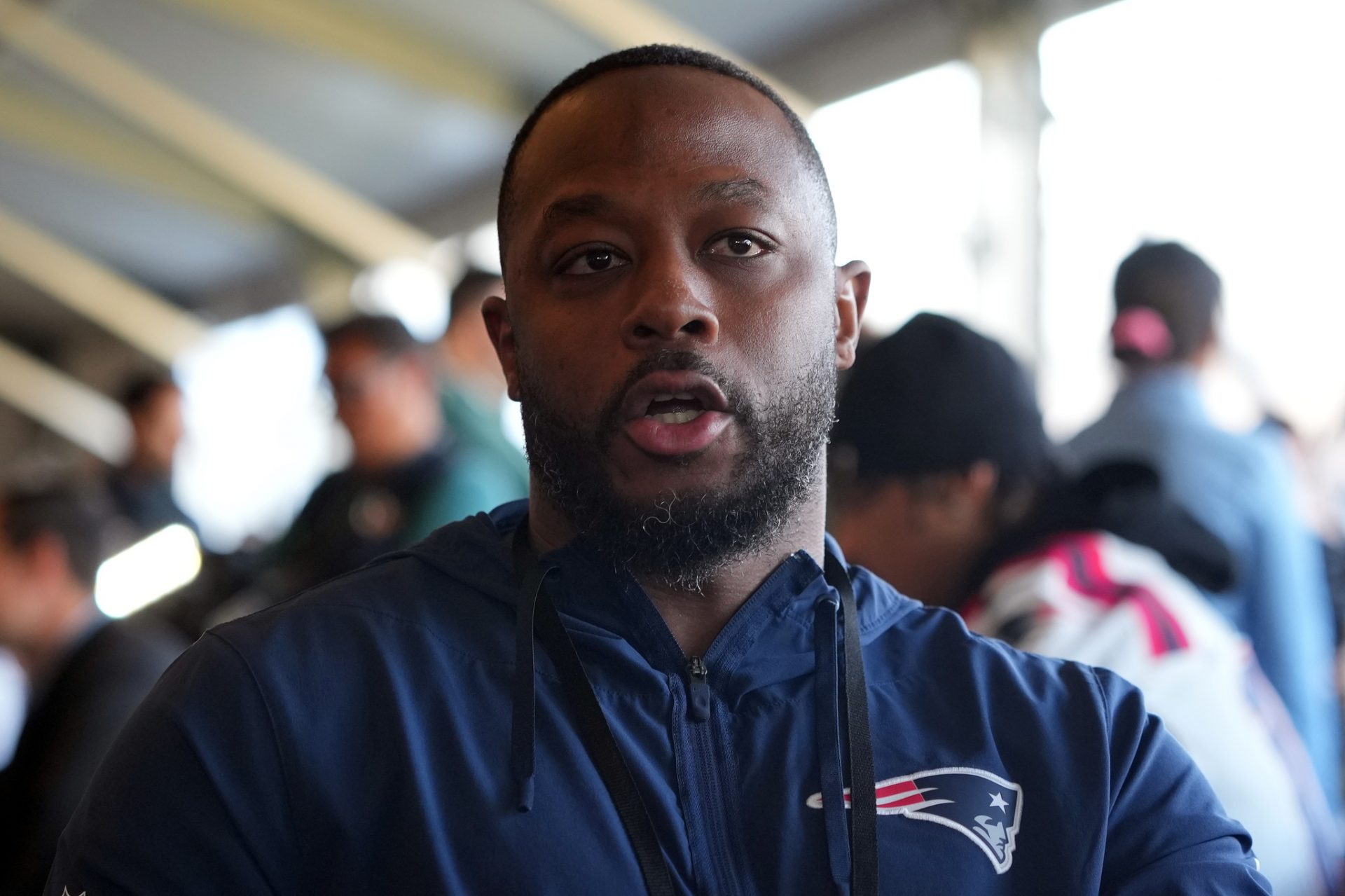 New England Patriots passing game coordinator and tight ends coach Thomas Brown talks to media members at the Santa Clara Marriott. Source: Imagn