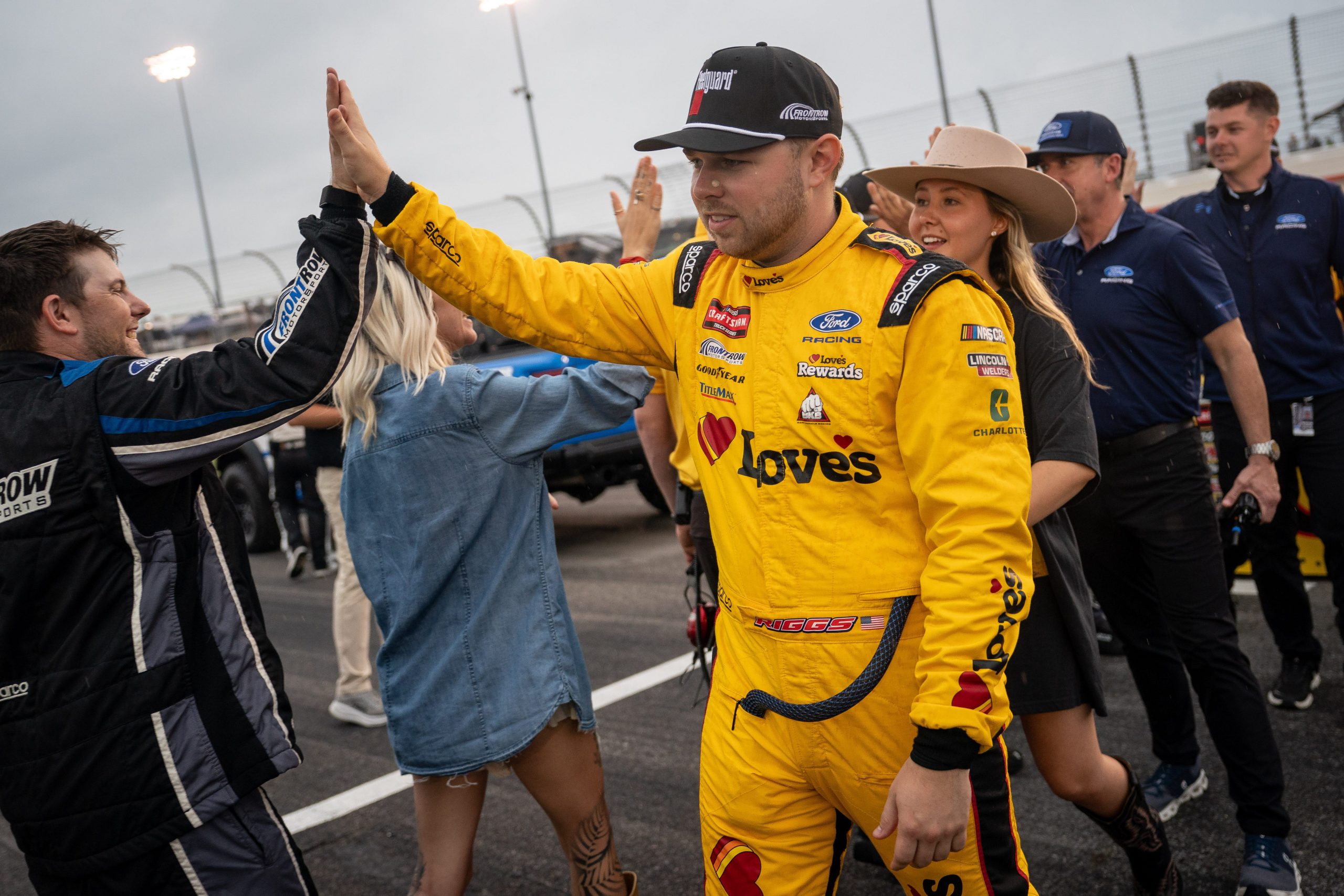 NASCAR Truck Series driver Layne Riggs (34) gets ready before the Allegiance 200 at Nashville Superspeedway in Lebanon, Tenn., Friday, May 29, 2026.