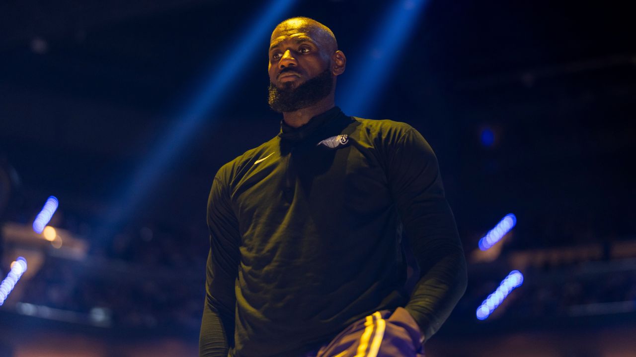 Los Angeles Lakers forward LeBron James (23) stands on the court before the start of the game against the Golden State Warriors - Source: Imagn Images