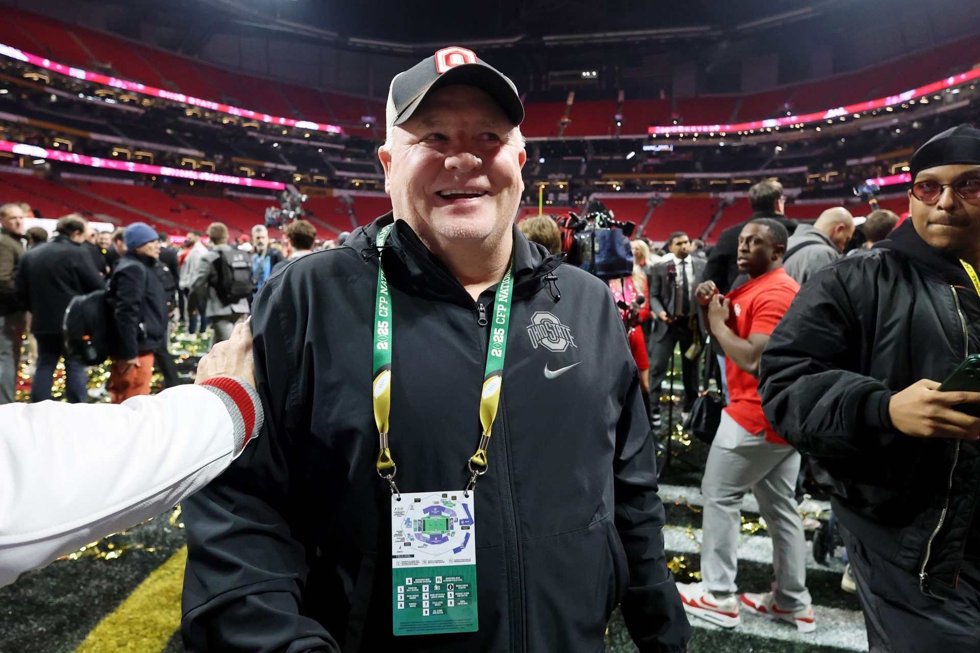 Ohio State Buckeyes offensive coordinator Chip Kelly celebrates after winning against the Notre Dame Fighting Irish in the CFP National Championship college football game at Mercedes-Benz Stadium.