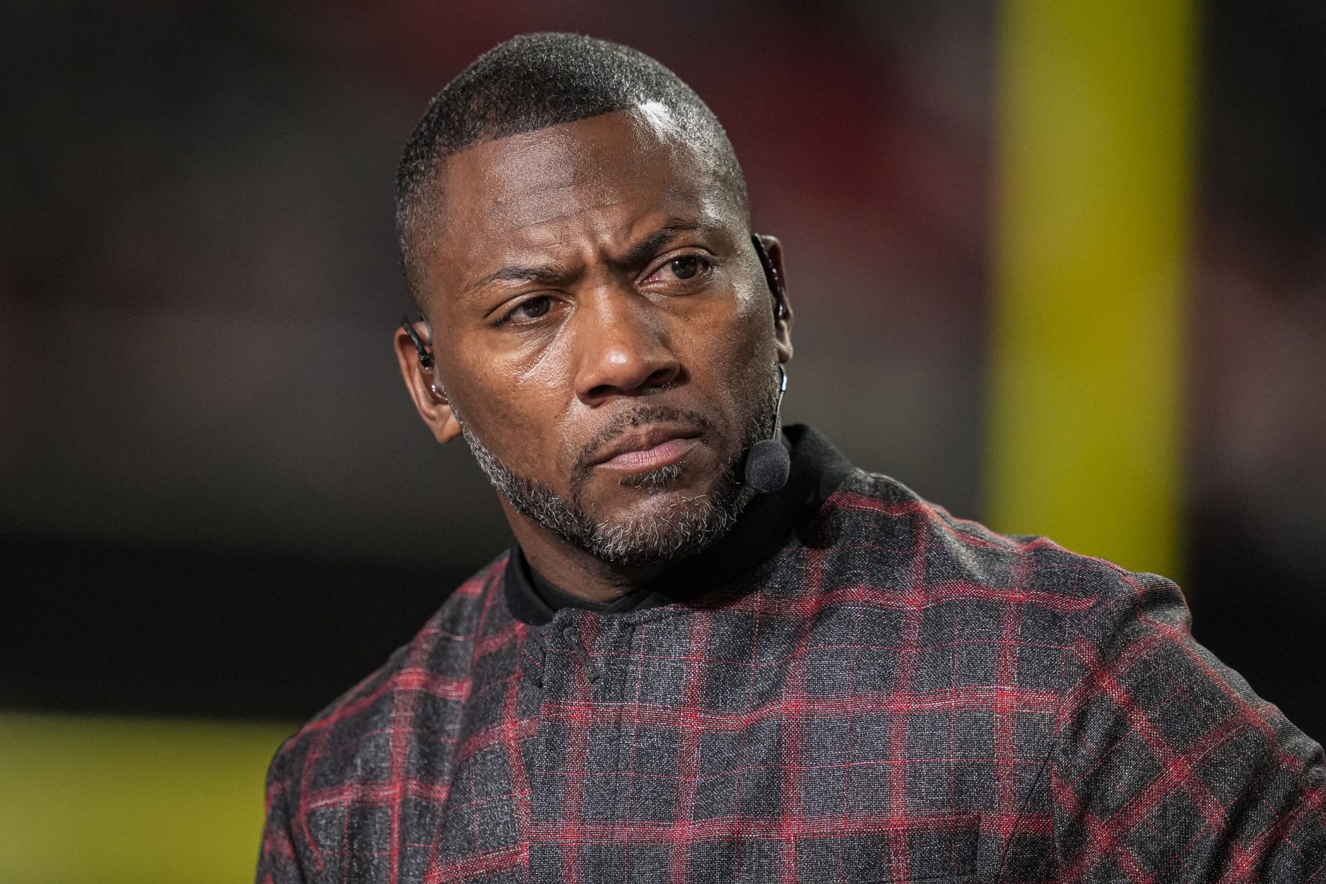 ESPN MNF broadcaster Ryan Clark shown on set prior to the game between the Los Angeles Rams against the Atlanta Falcons at Mercedes-Benz Stadium. 
Source: Imagn