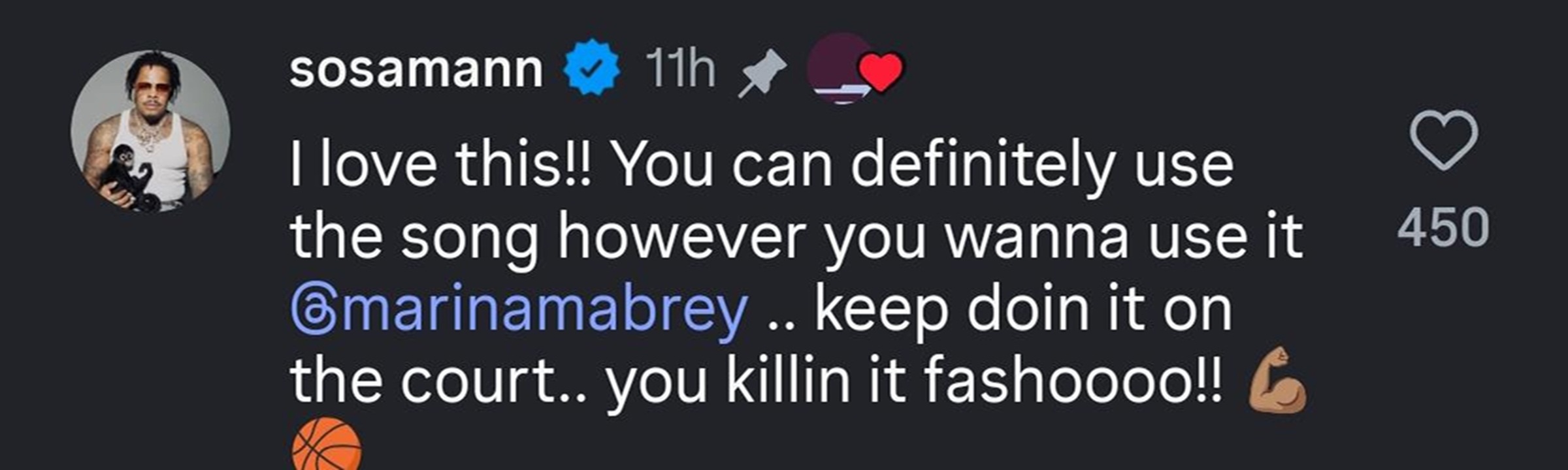 Sosamann comments on Marina Mabrey's reaction to his song (Image via Instagram/@torontotempo)