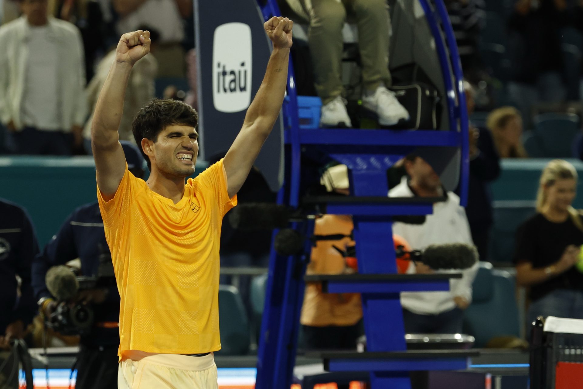 Carlos Alcaraz (ESP) celebrates after his match against Joo Fonseca (BRA) (not pictured) on day four of the 2026 Miami Open at Hard Rock Stadium.