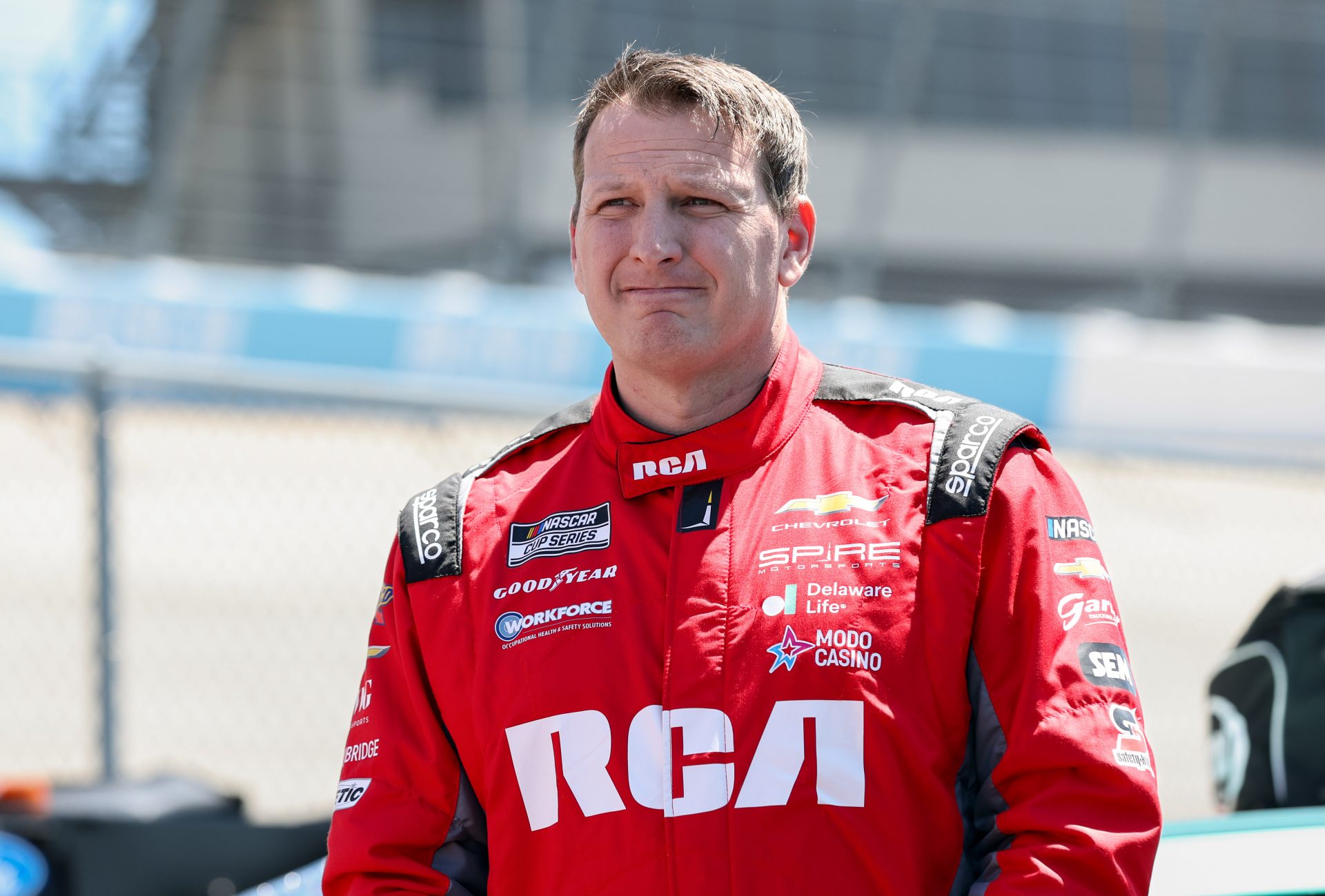 NASCAR Cup Series driver Michael McDowell looks on during qualifying for the NASCAR All-Star Race at Dover Motor Speedway.